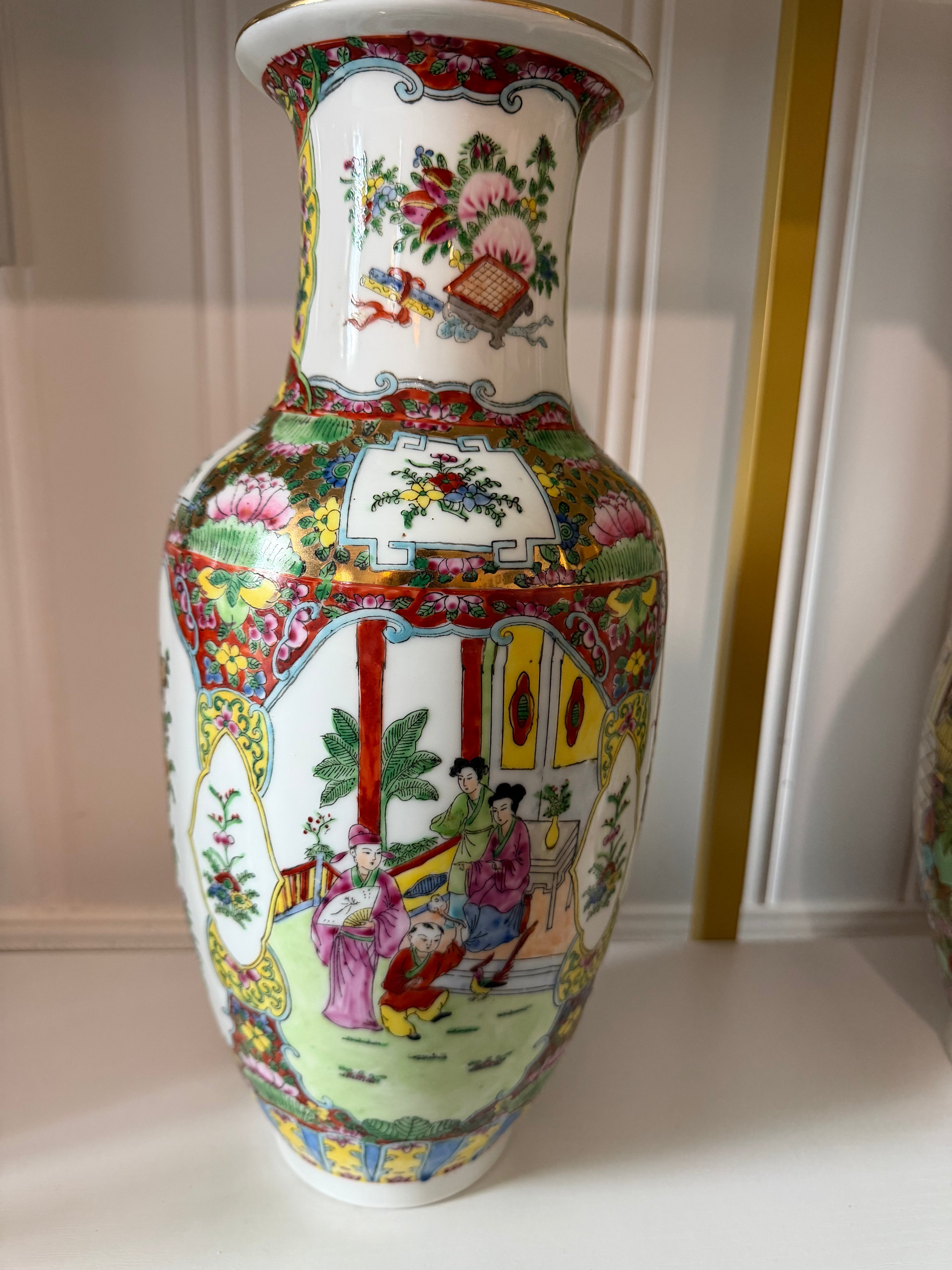 Vintage Rose Medallion Porcelain Vase | 14.75"