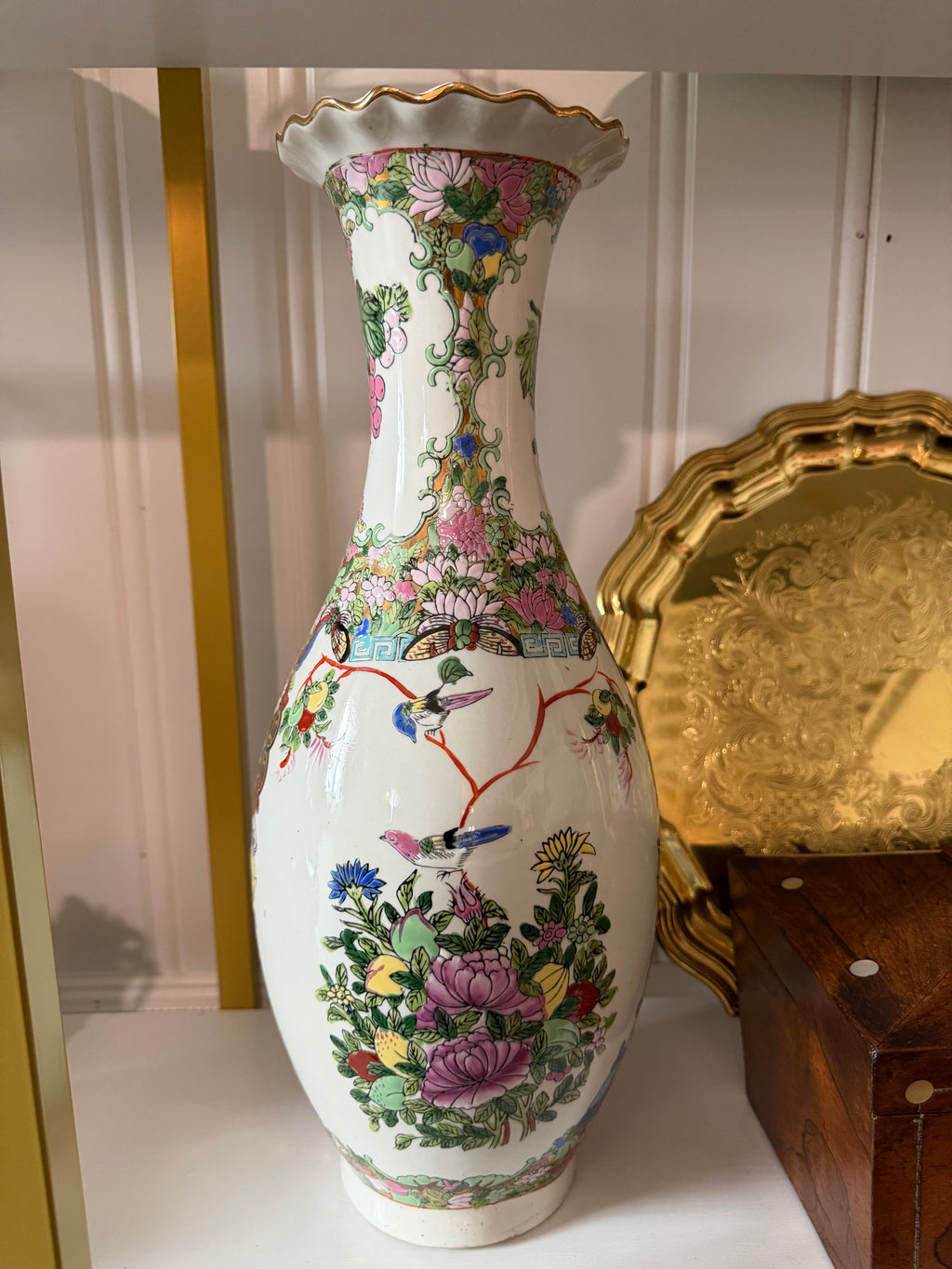 Vintage Famille Rose Porcelain Vase with Scalloped Rim | 17"