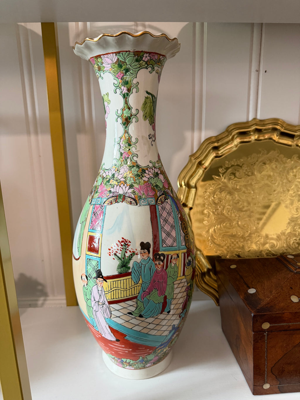Vintage Famille Rose Porcelain Vase with Scalloped Rim | 17"