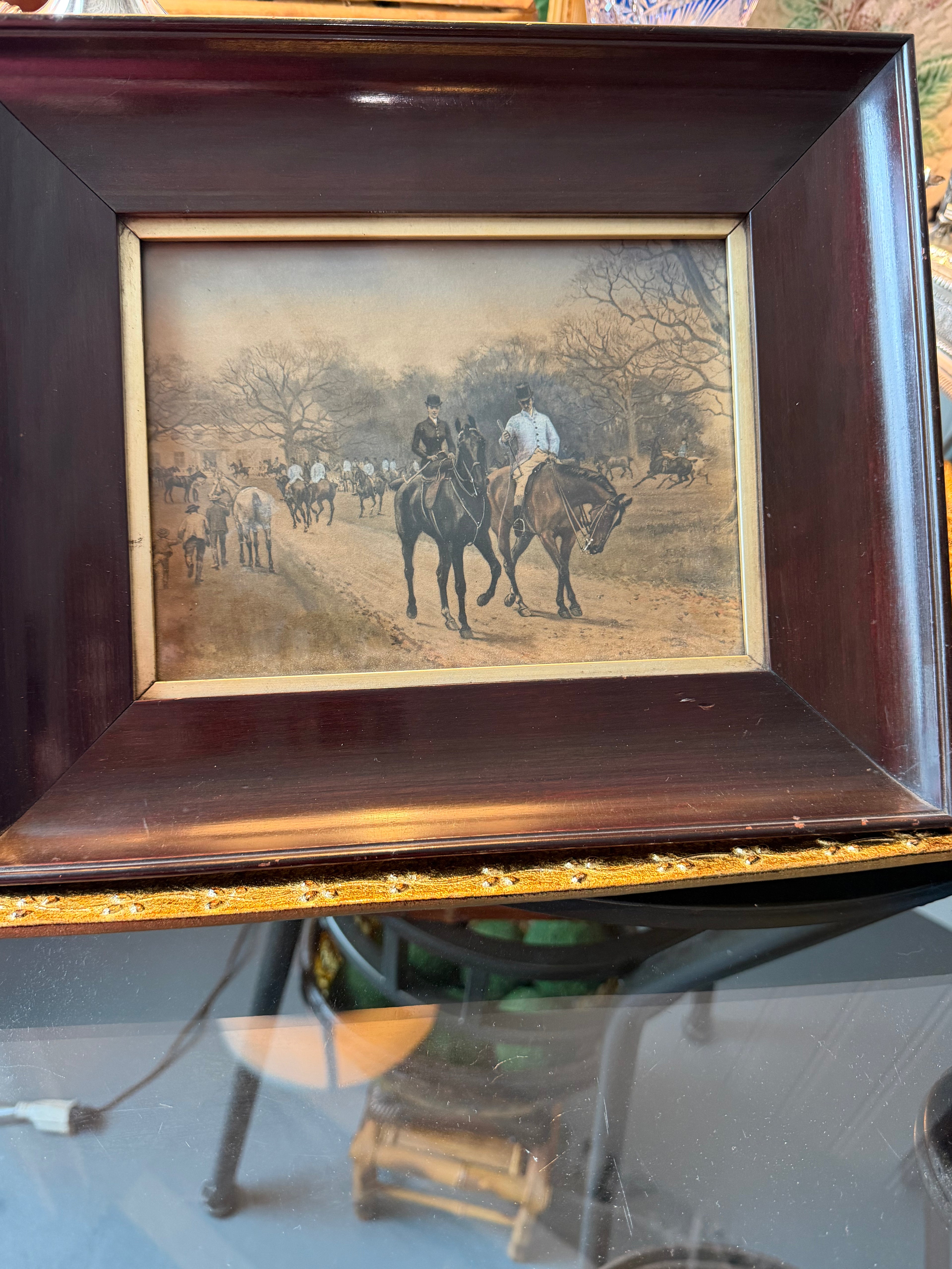 Antique English Fox Hunt Engraving in Mahogany Frame