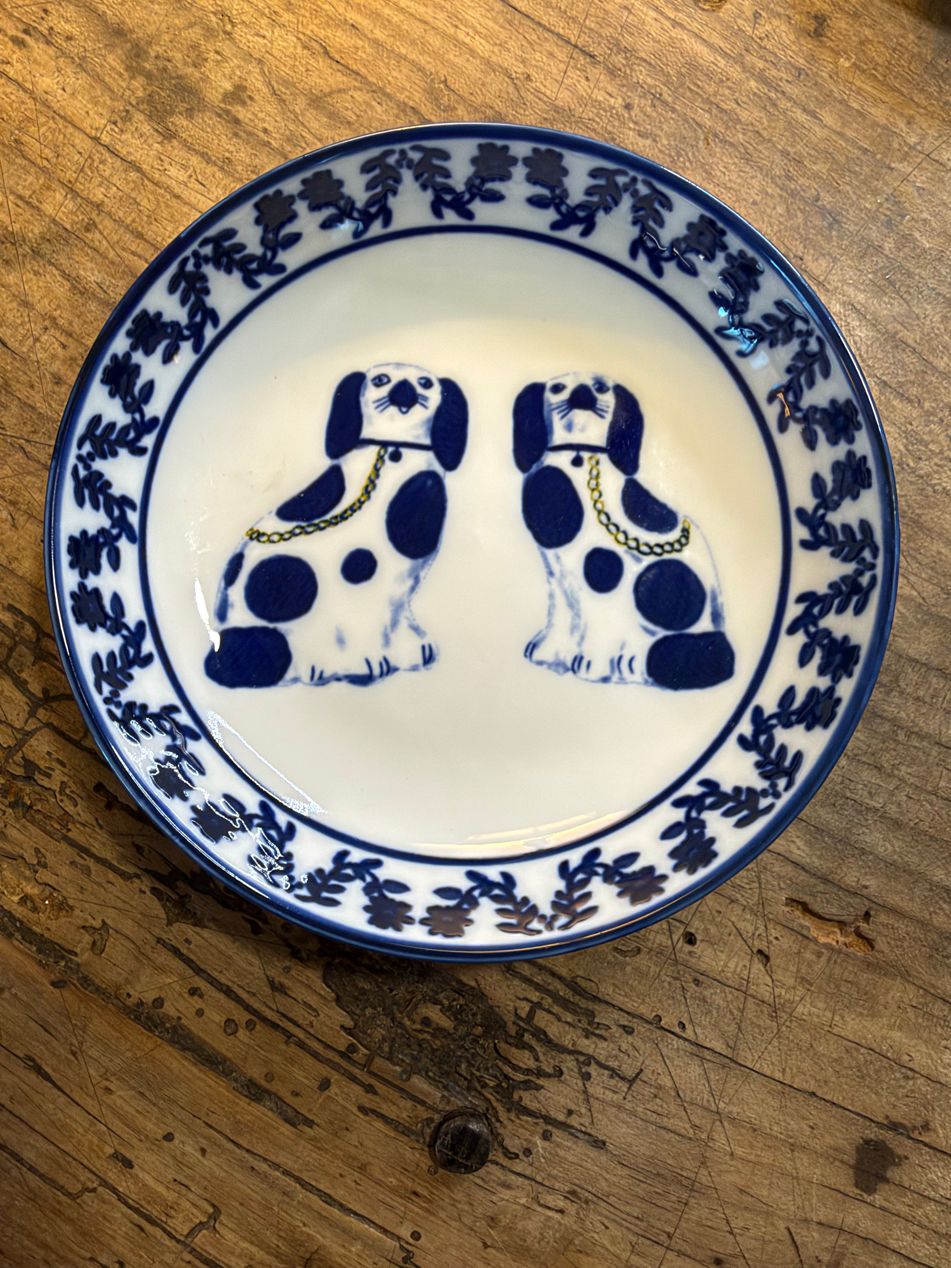 Blue and White Staffordshire Trinket Dish with Dog Motif.