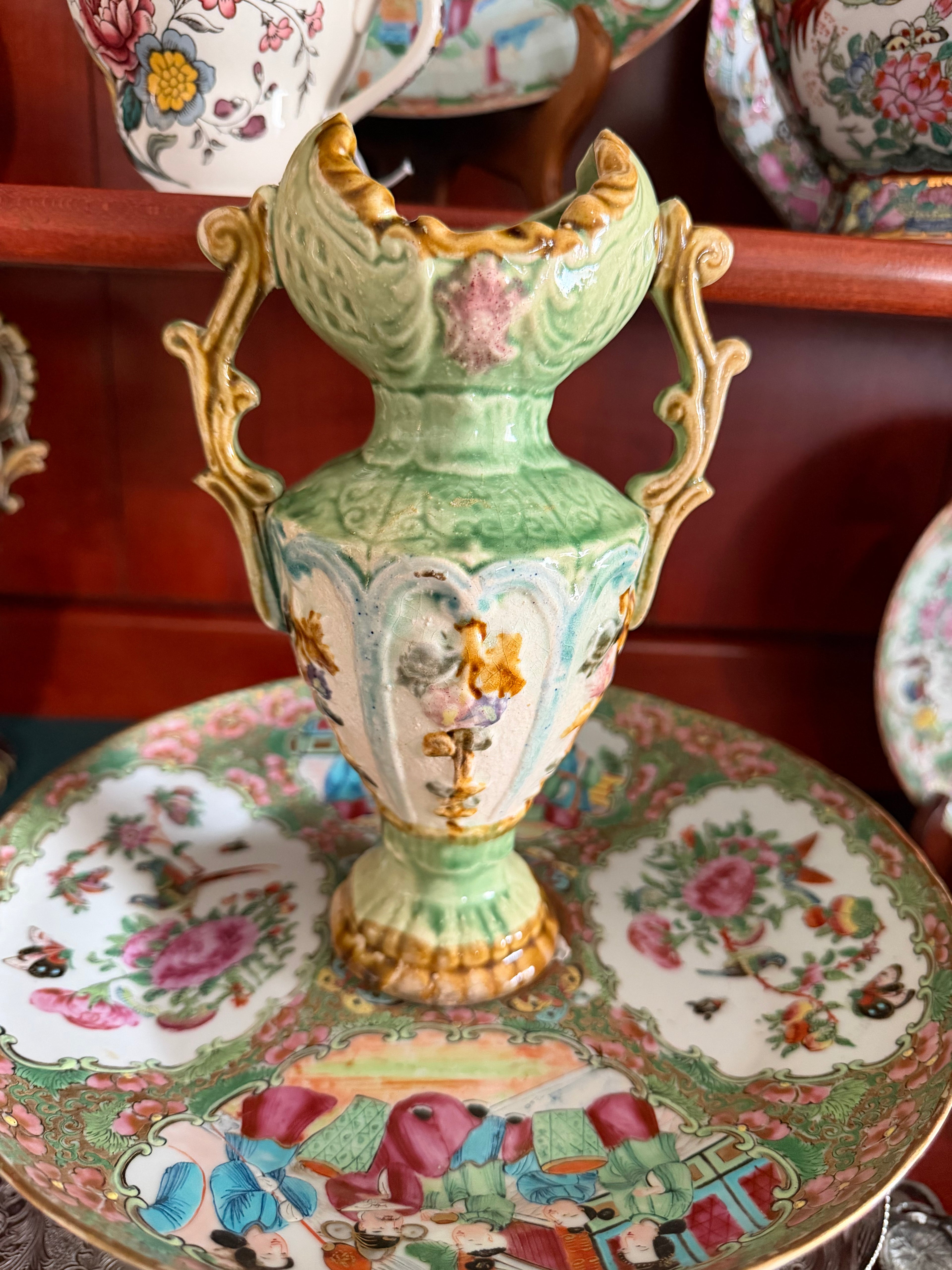 Antique Art Nouveau Majolica Twin-Handled Vase, Early 1900s