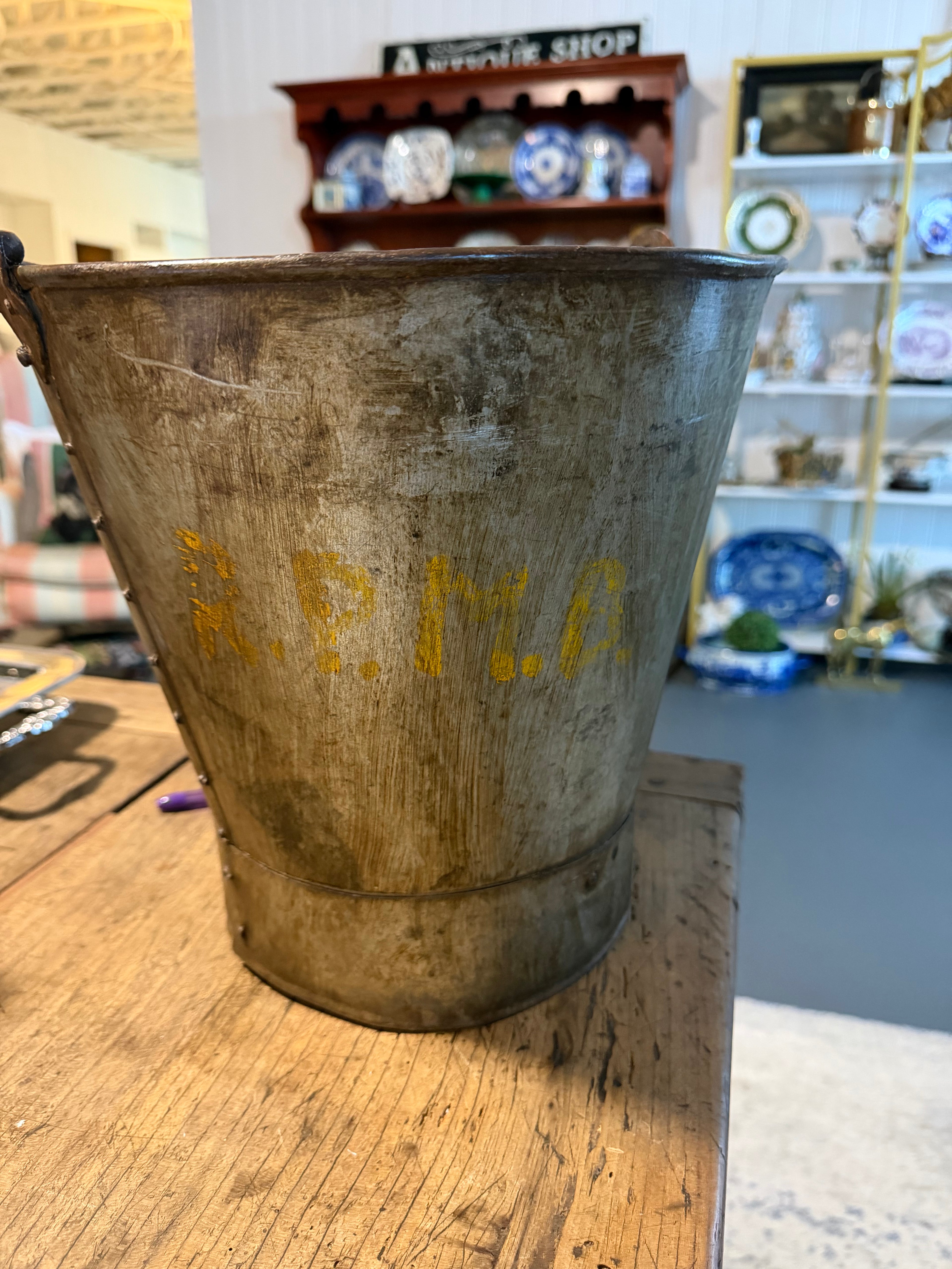 Vintage French Galvanized Milk Bucket with Yellow Lettering