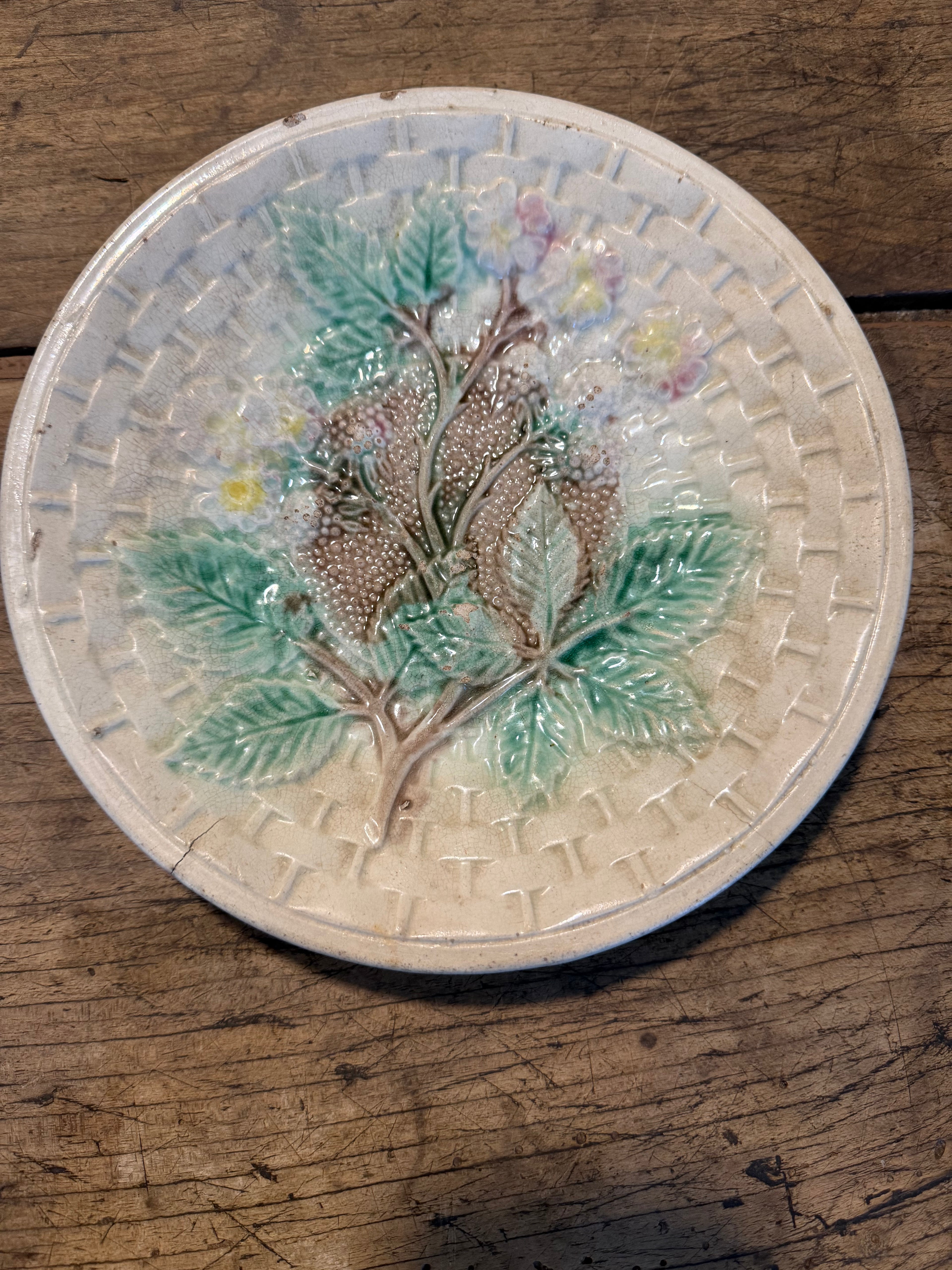 Antique Majolica Basket Weave Floral Plate – 8¼”