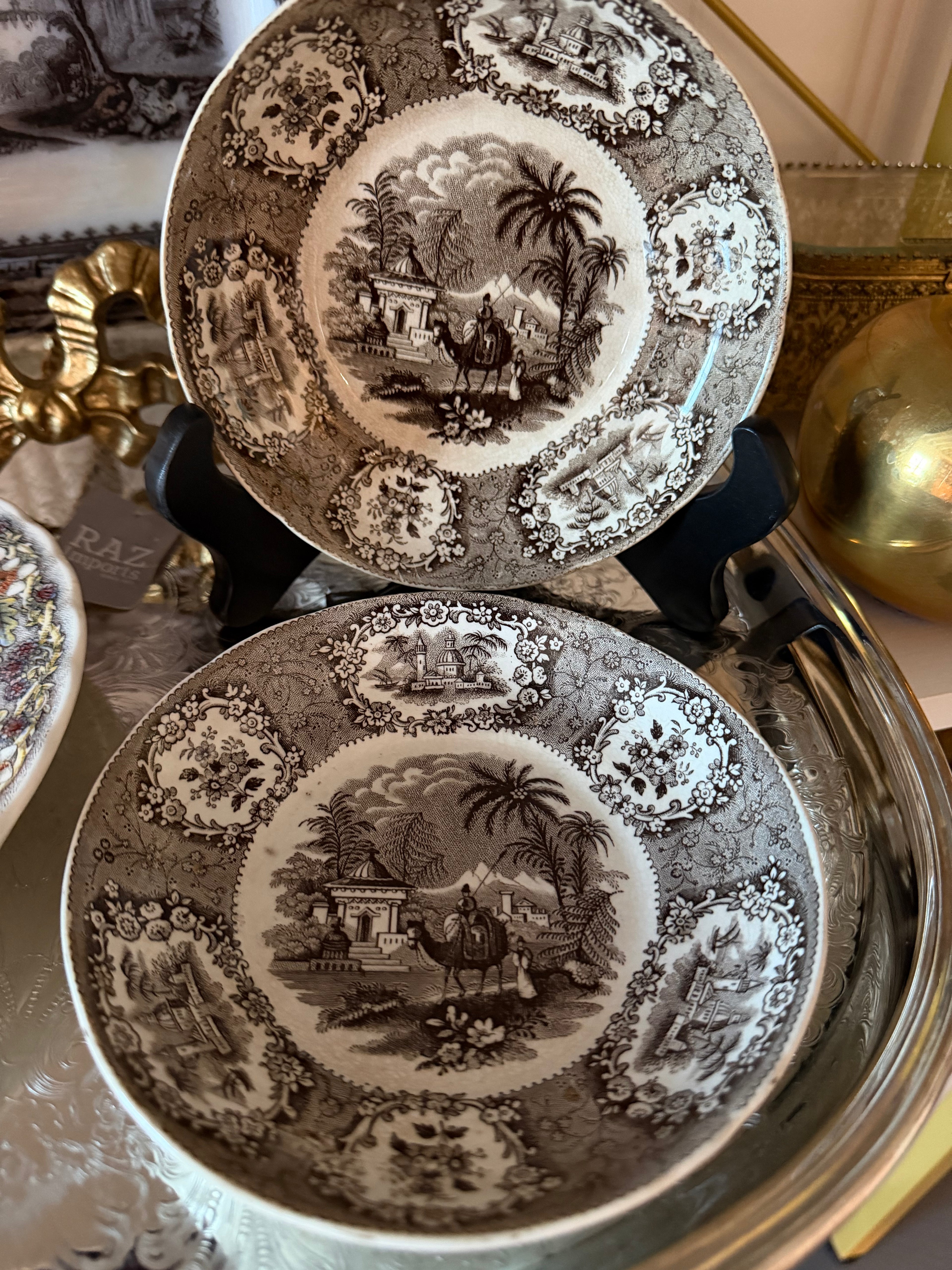Antique Staffordshire “Oriental” Shallow Bowl – Brown & White Transferware, 5.75 Inches