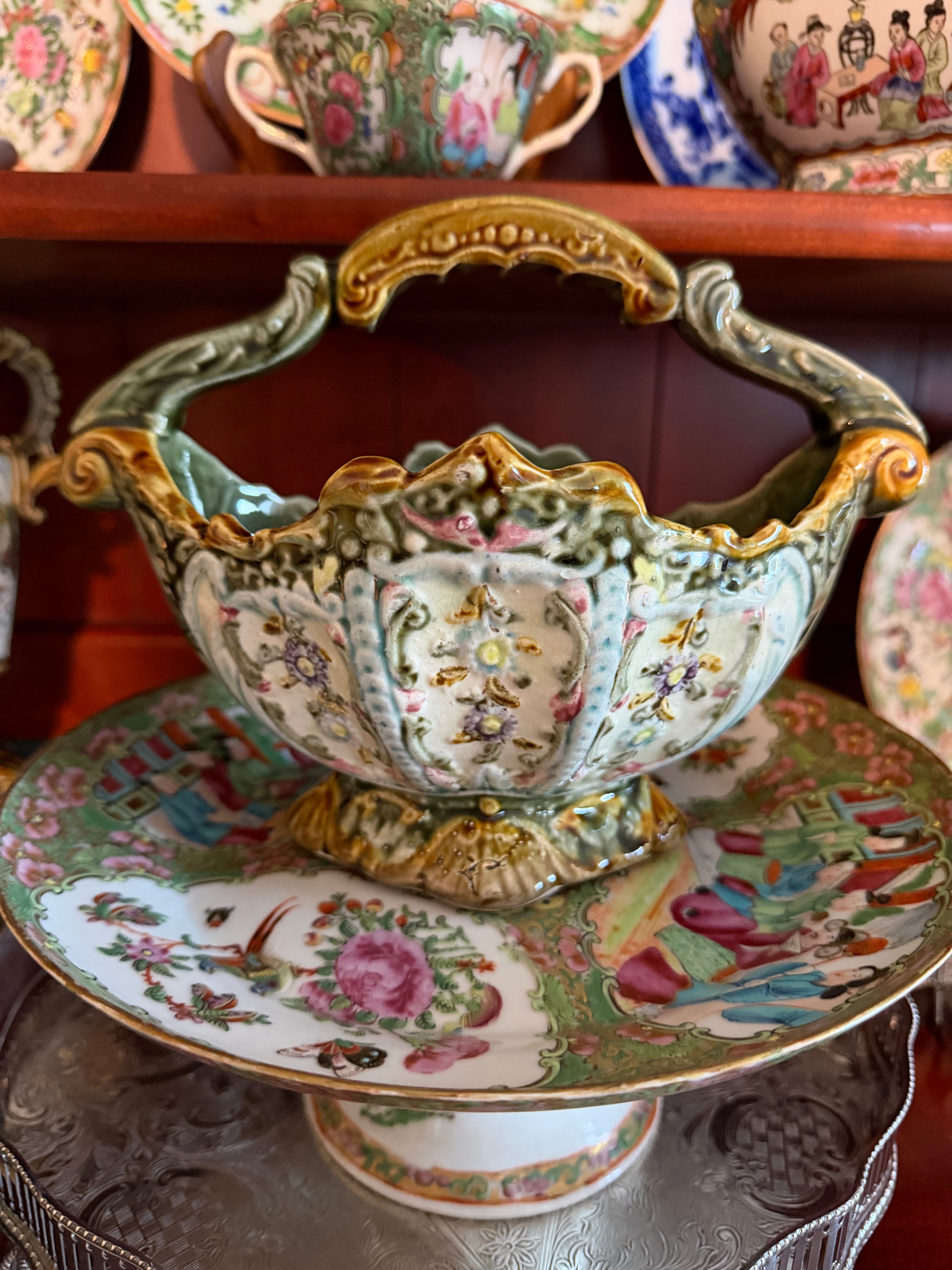 Antique Majolica Basket – Light Blue, Pink & Green