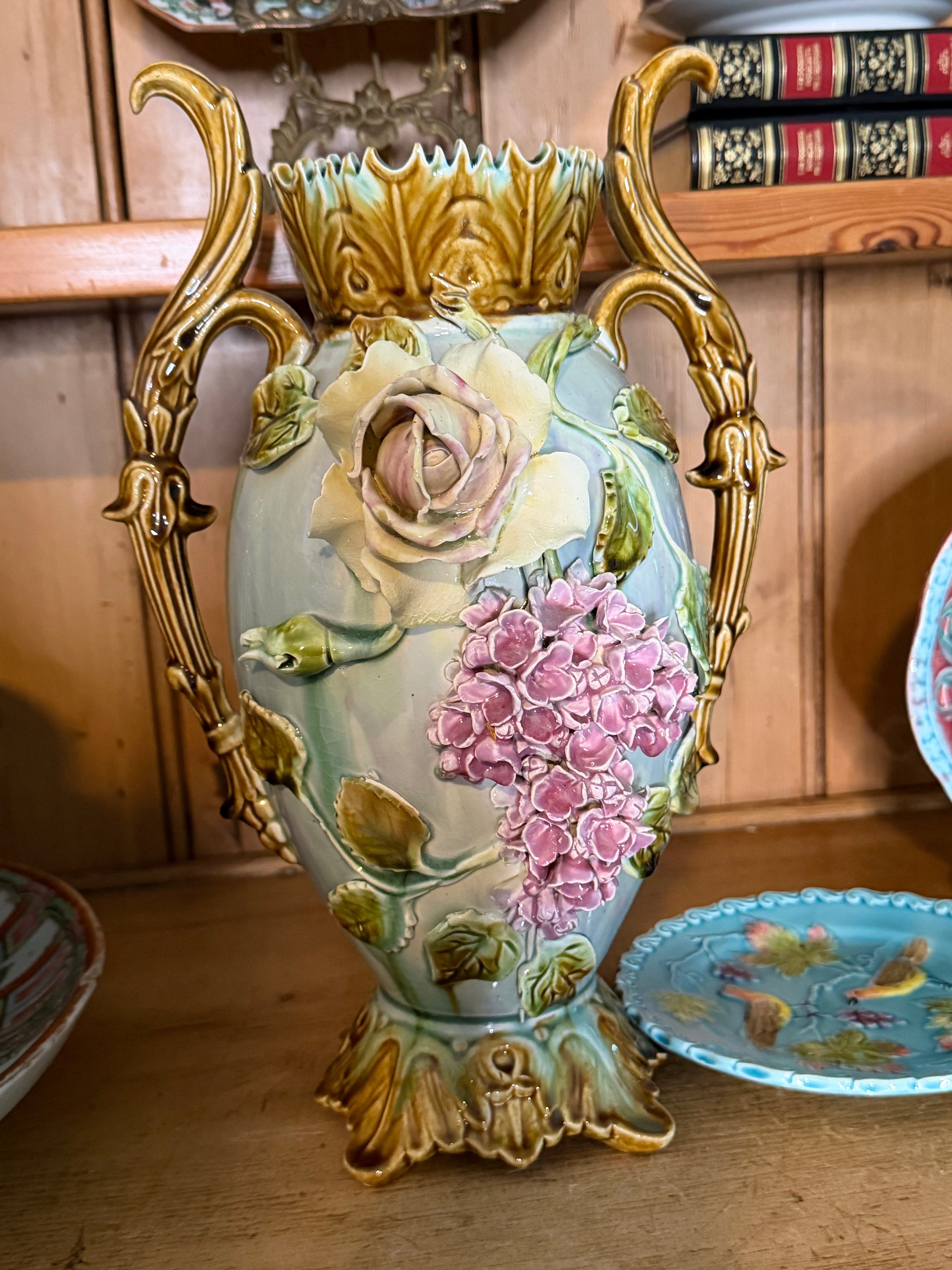 Antique Barbotine Floral Vase – Light Blue with Roses, 13.25 Inches