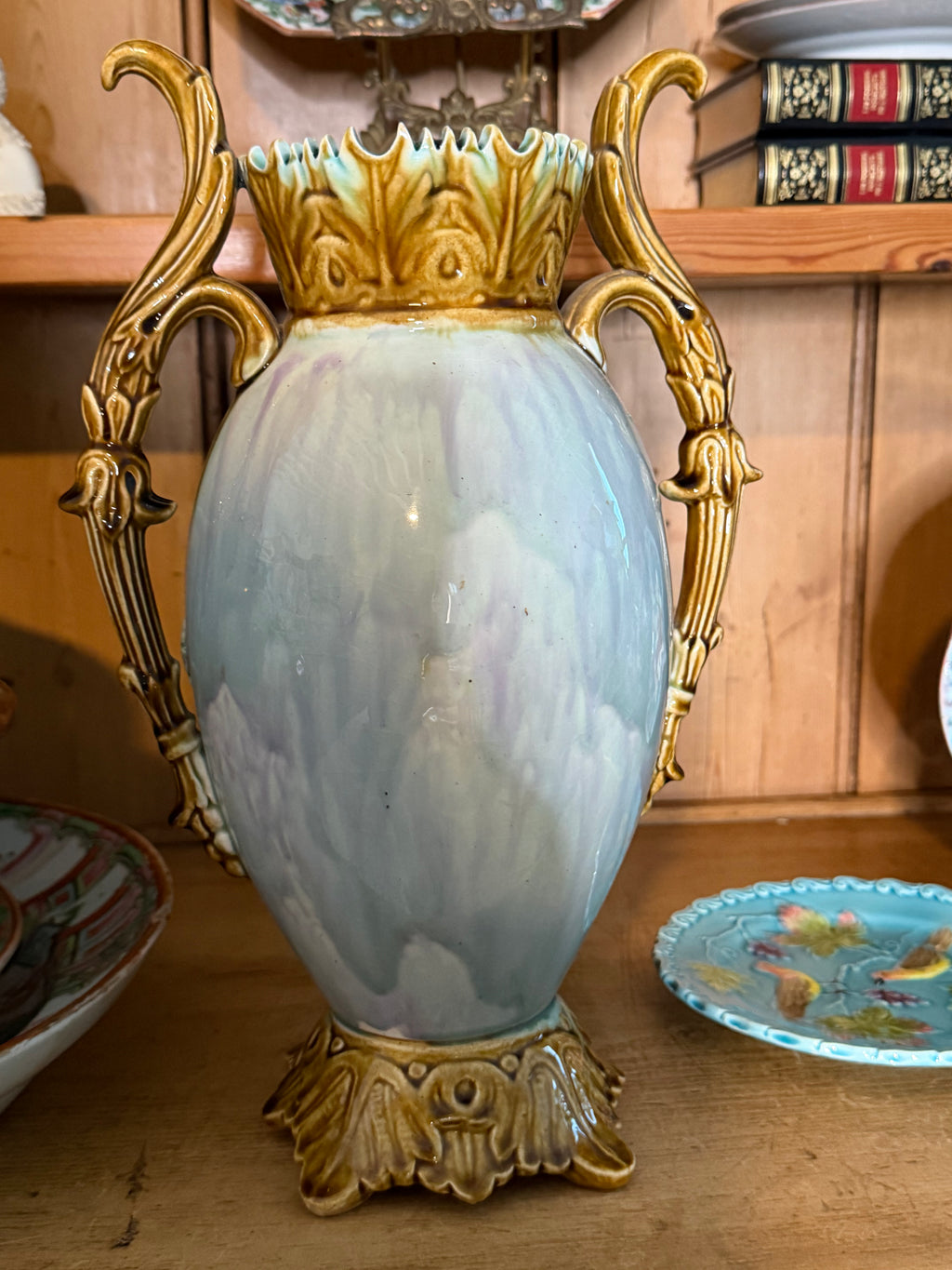 Antique Barbotine Floral Vase – Light Blue with Roses, 13.25 Inches