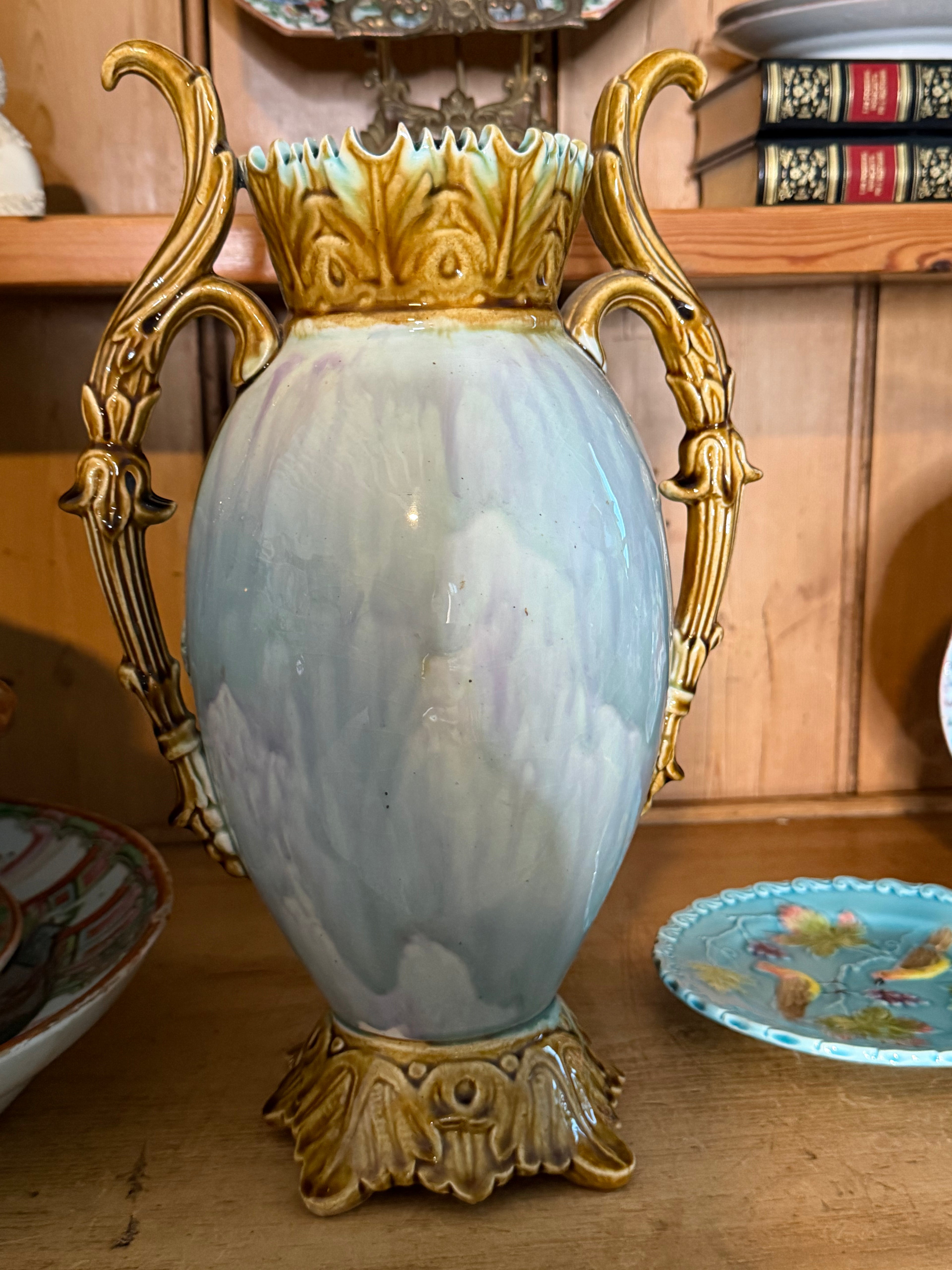 Antique Barbotine Floral Vase – Light Blue with Roses, 13.25 Inches