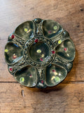 Vintage French Oyster Plate – Olive Green with Red & Yellow Accents, 8.75 Inches