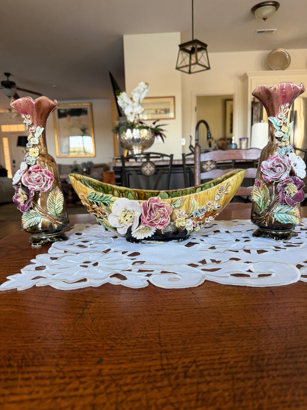 Antique Three-Piece Barbotine Floral Vase & Centerpiece Set