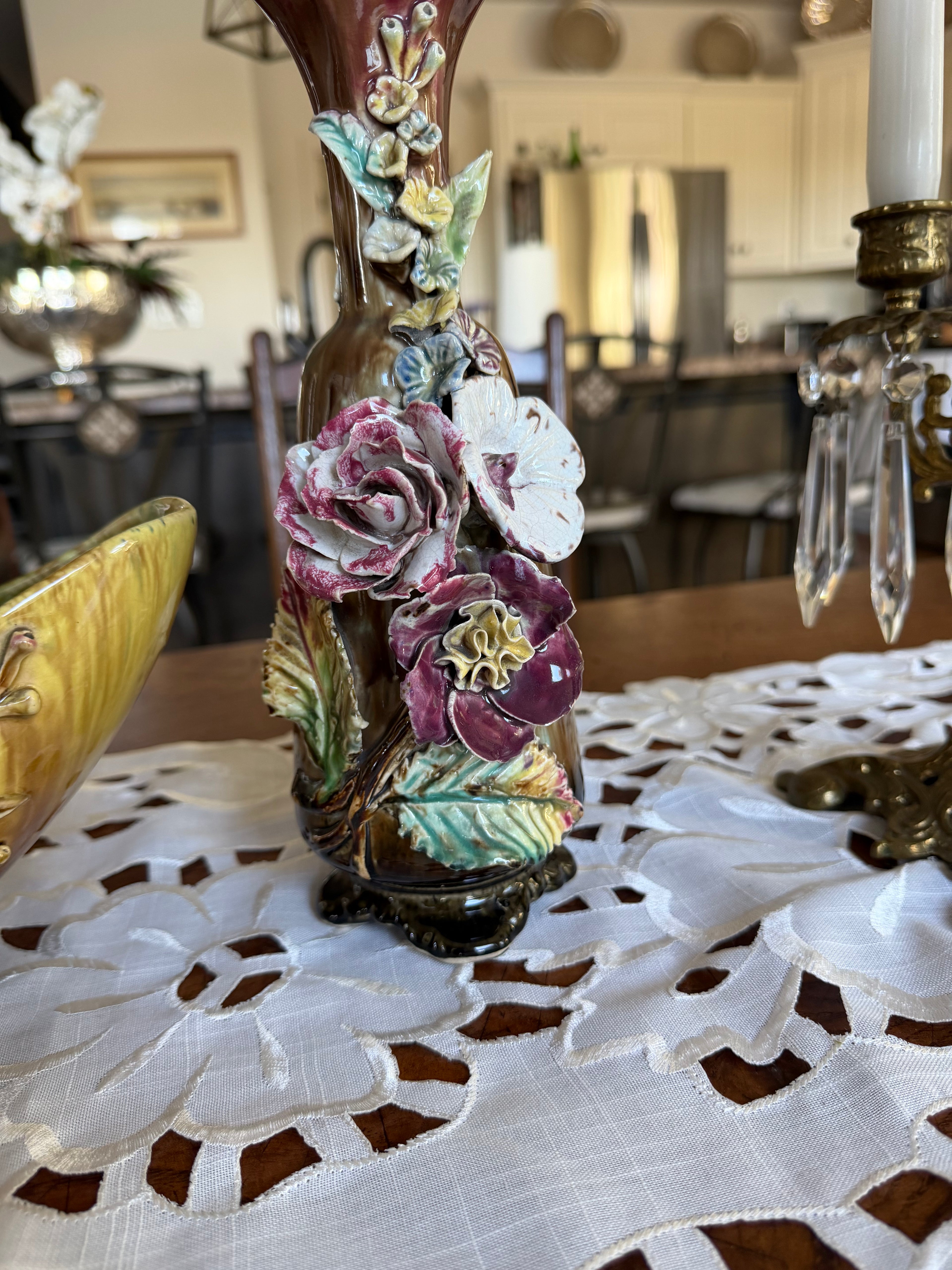 Antique Three-Piece Barbotine Floral Vase & Centerpiece Set