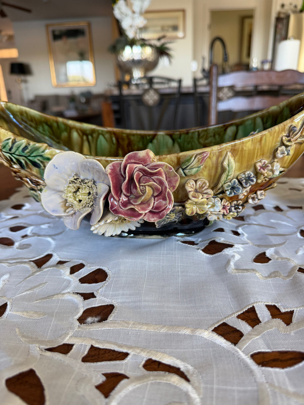 Antique Three-Piece Barbotine Floral Vase & Centerpiece Set