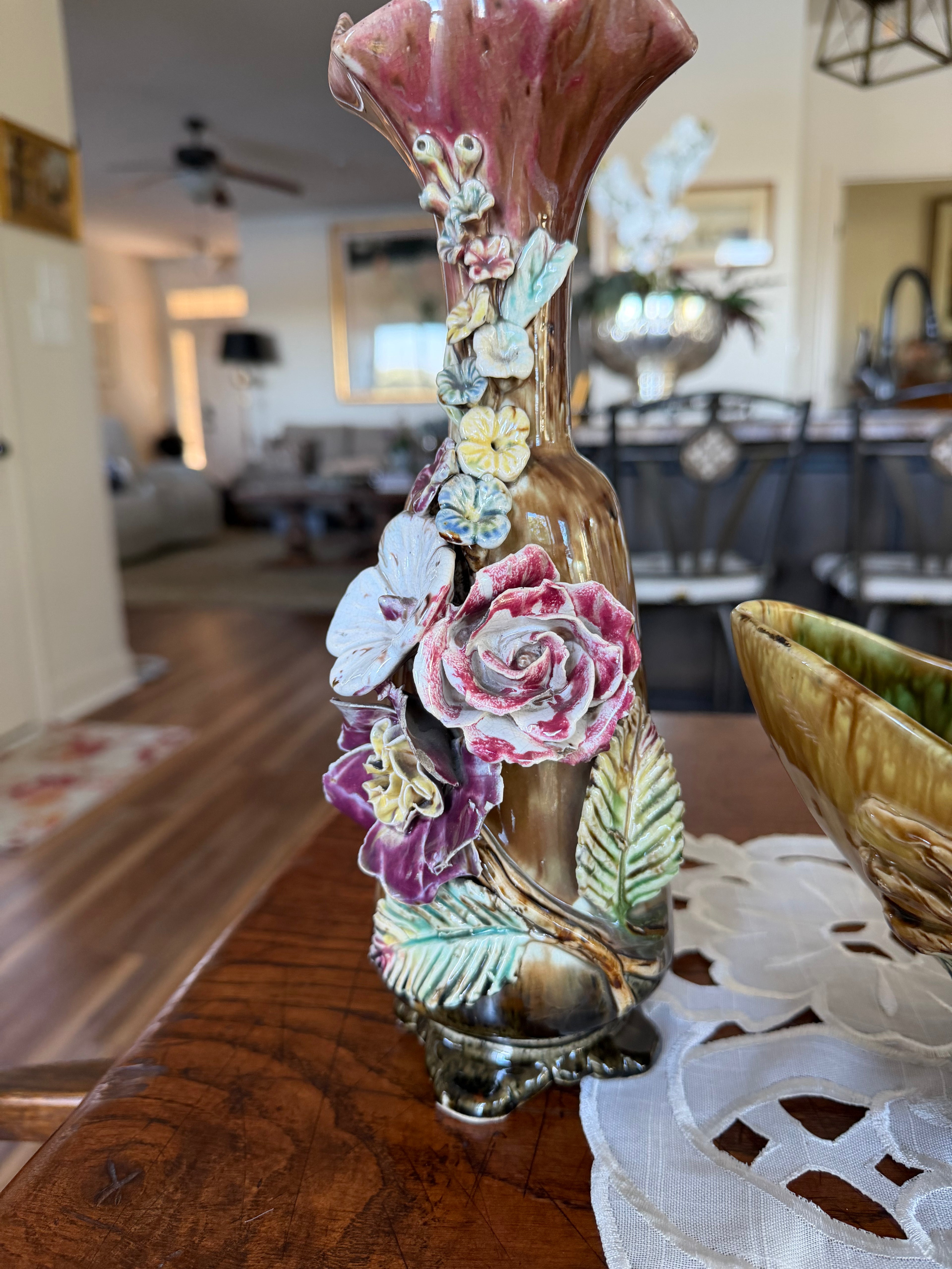 Antique Three-Piece Barbotine Floral Vase & Centerpiece Set