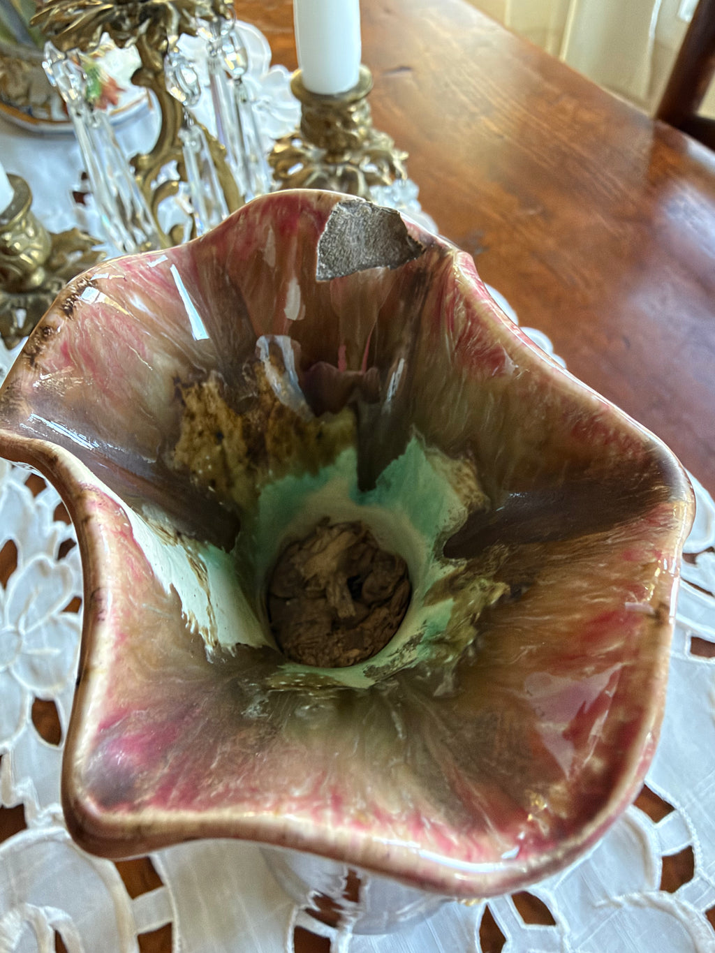 Antique Three-Piece Barbotine Floral Vase & Centerpiece Set