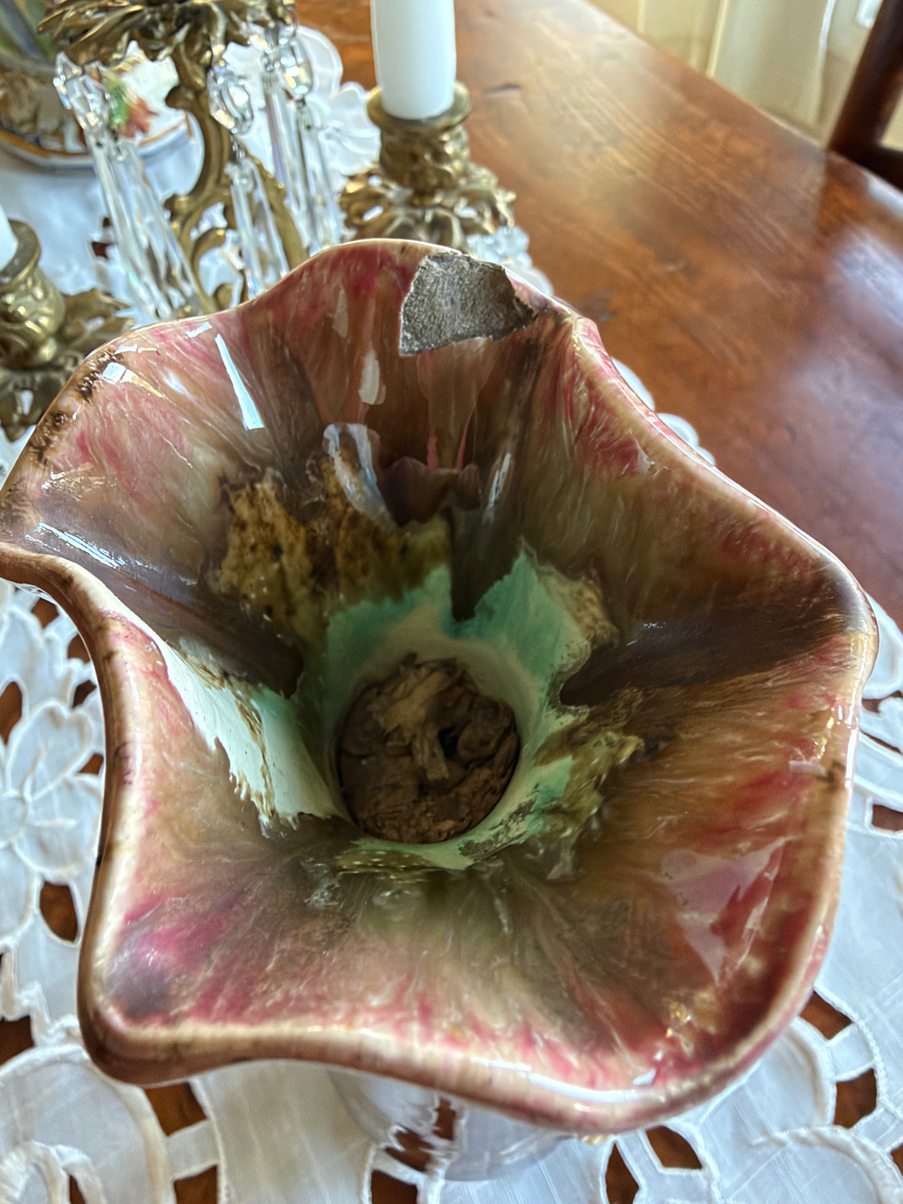 Antique Three-Piece Barbotine Floral Vase & Centerpiece Set