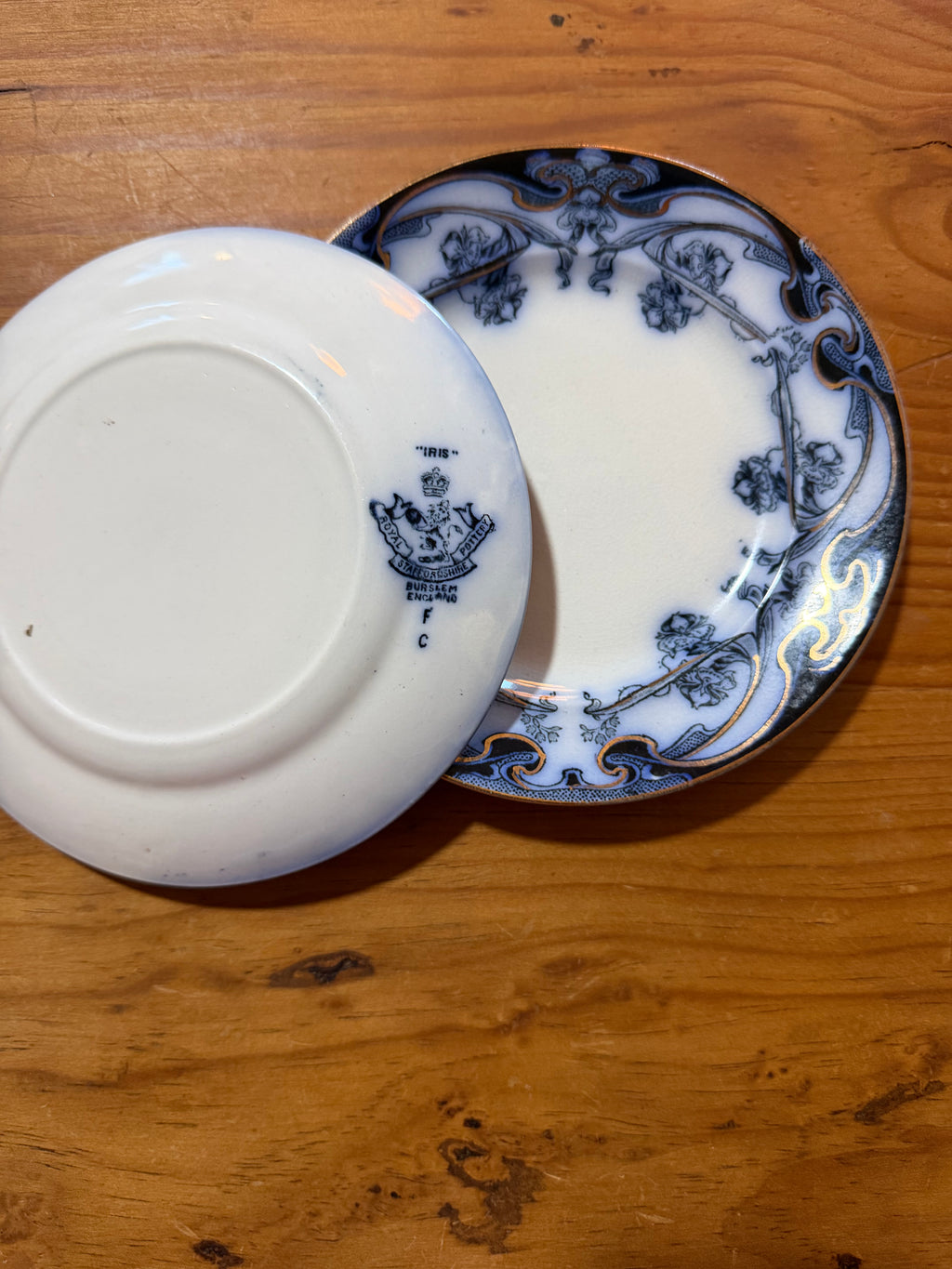 Antique Royal Doulton “Iris” Flow Blue Plate — 6 Inches, Circa 1891–1902