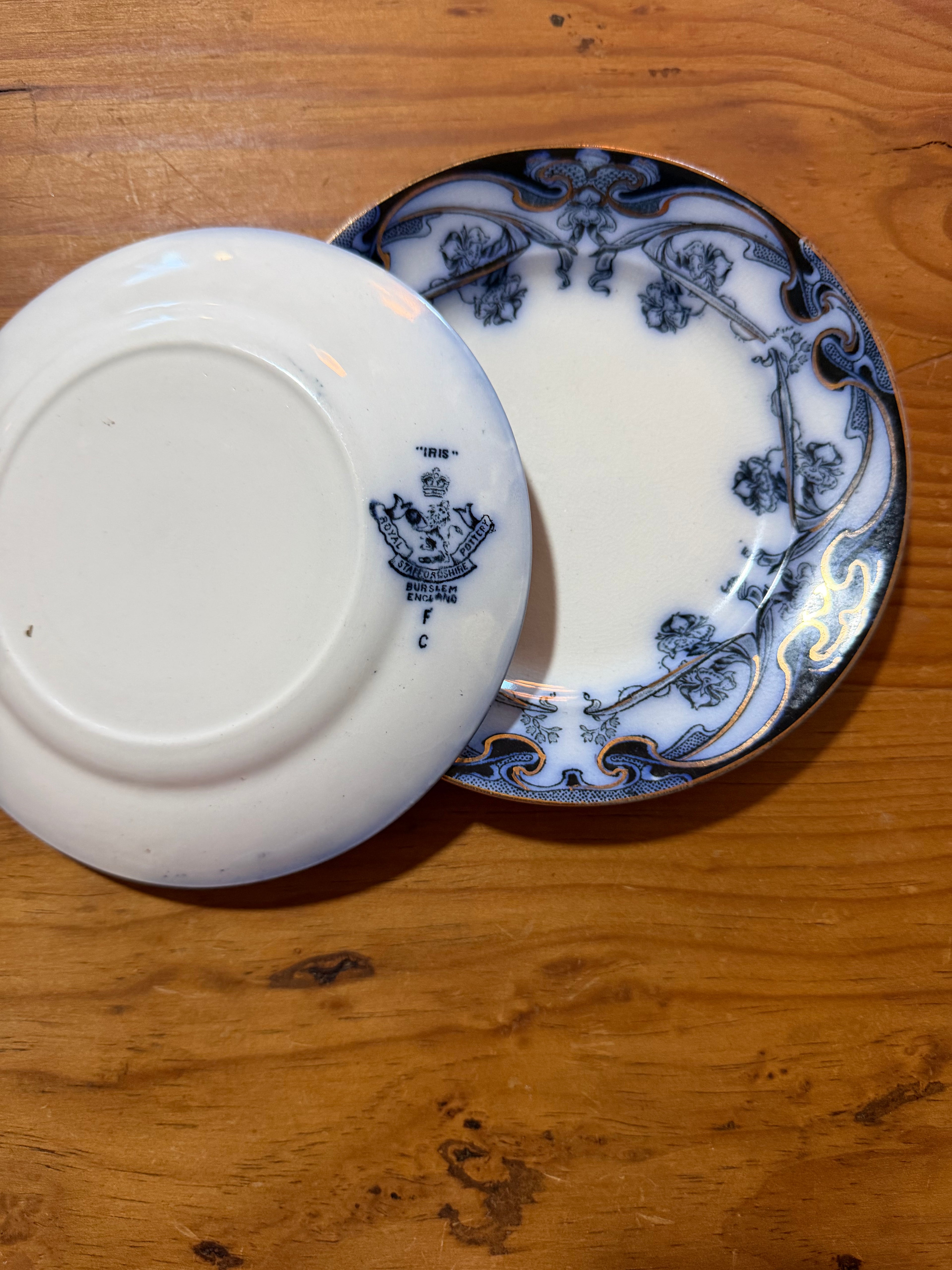 Antique Royal Doulton “Iris” Flow Blue Plate — 6 Inches, Circa 1891–1902