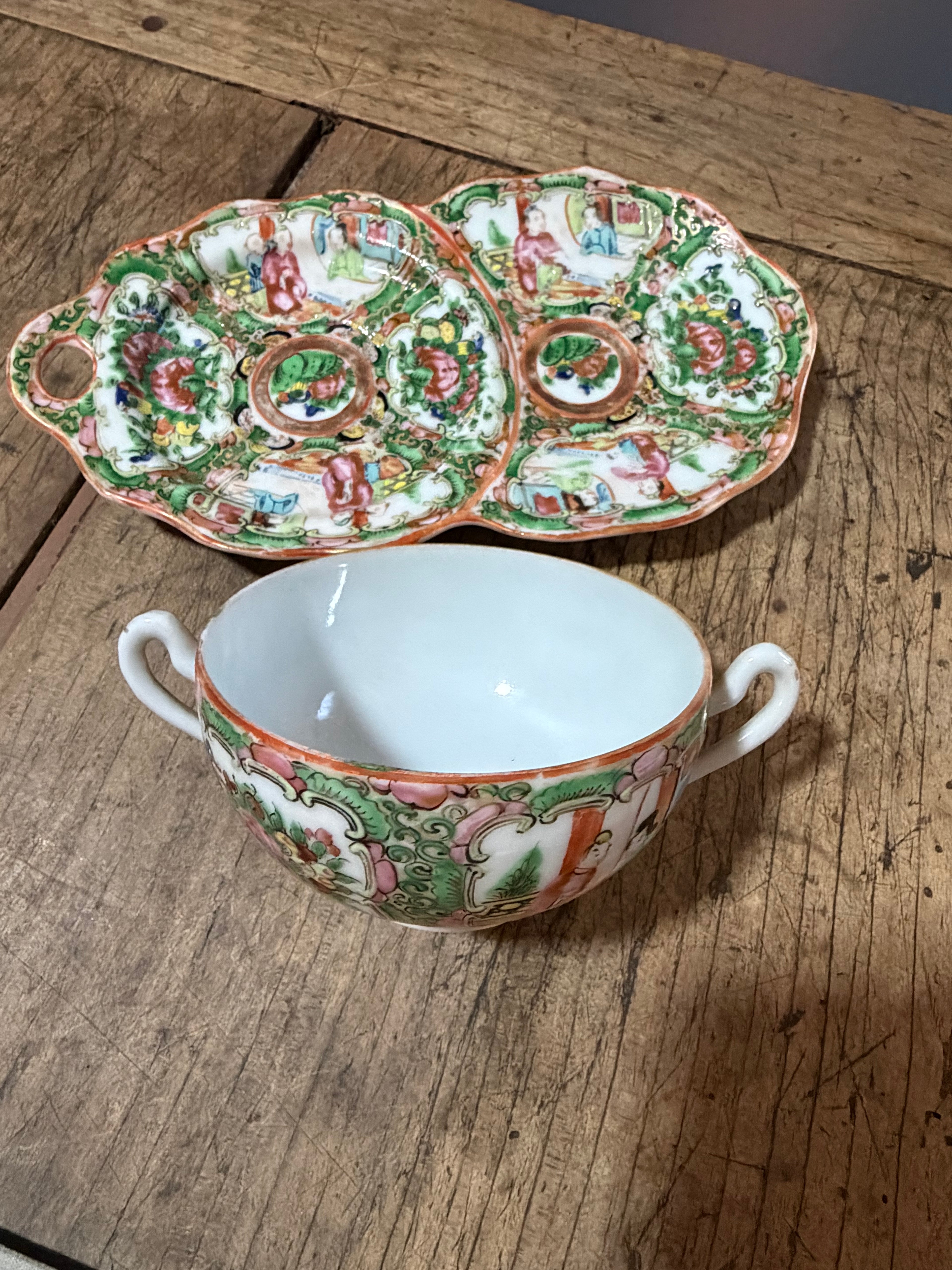 Antique Rose Medallion Scalloped Snack Plate with Double-Handled Cup