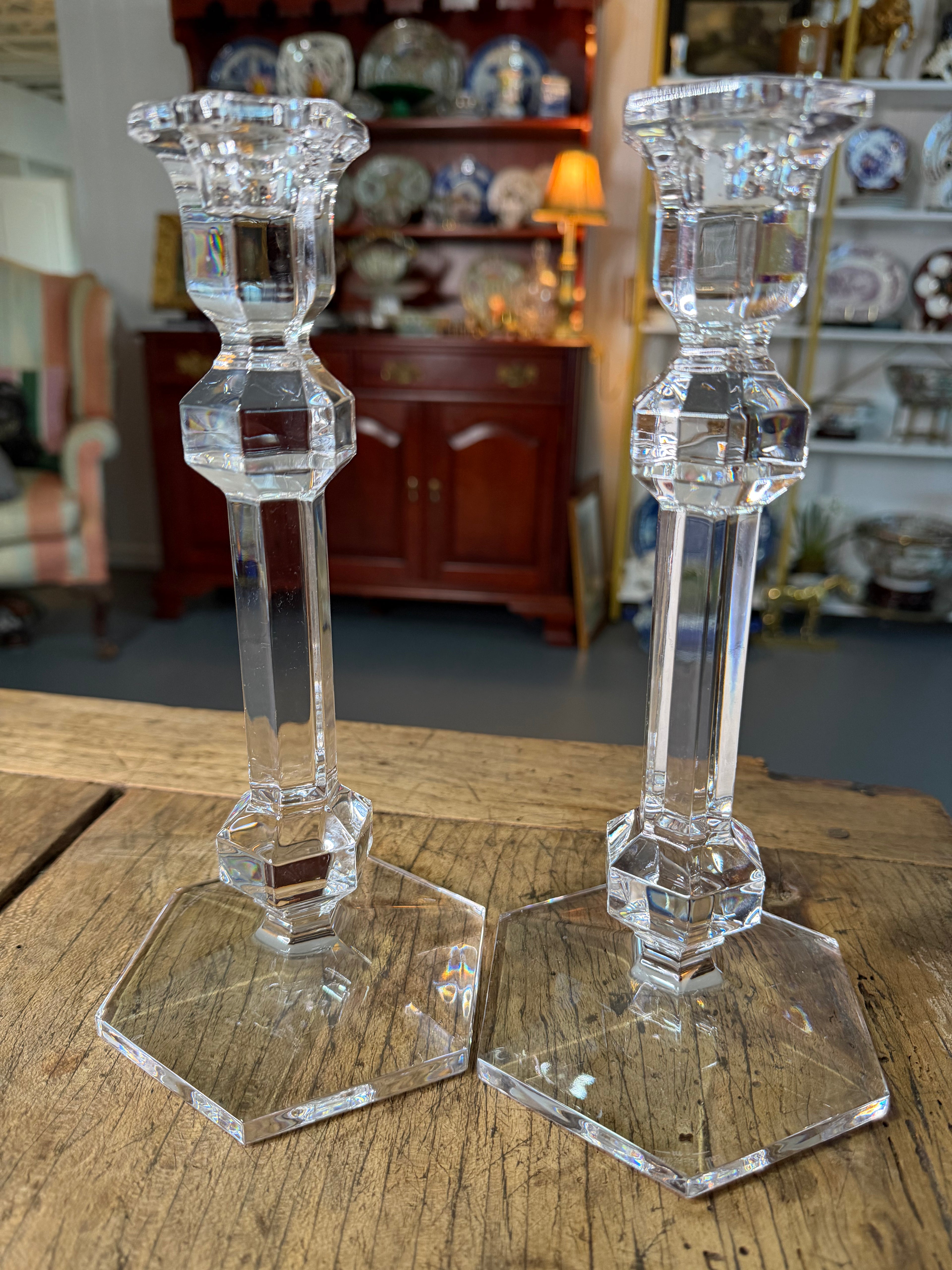 Val Saint Lambert Elysée Crystal Candlesticks, Pair — 9½ Inches Tall
