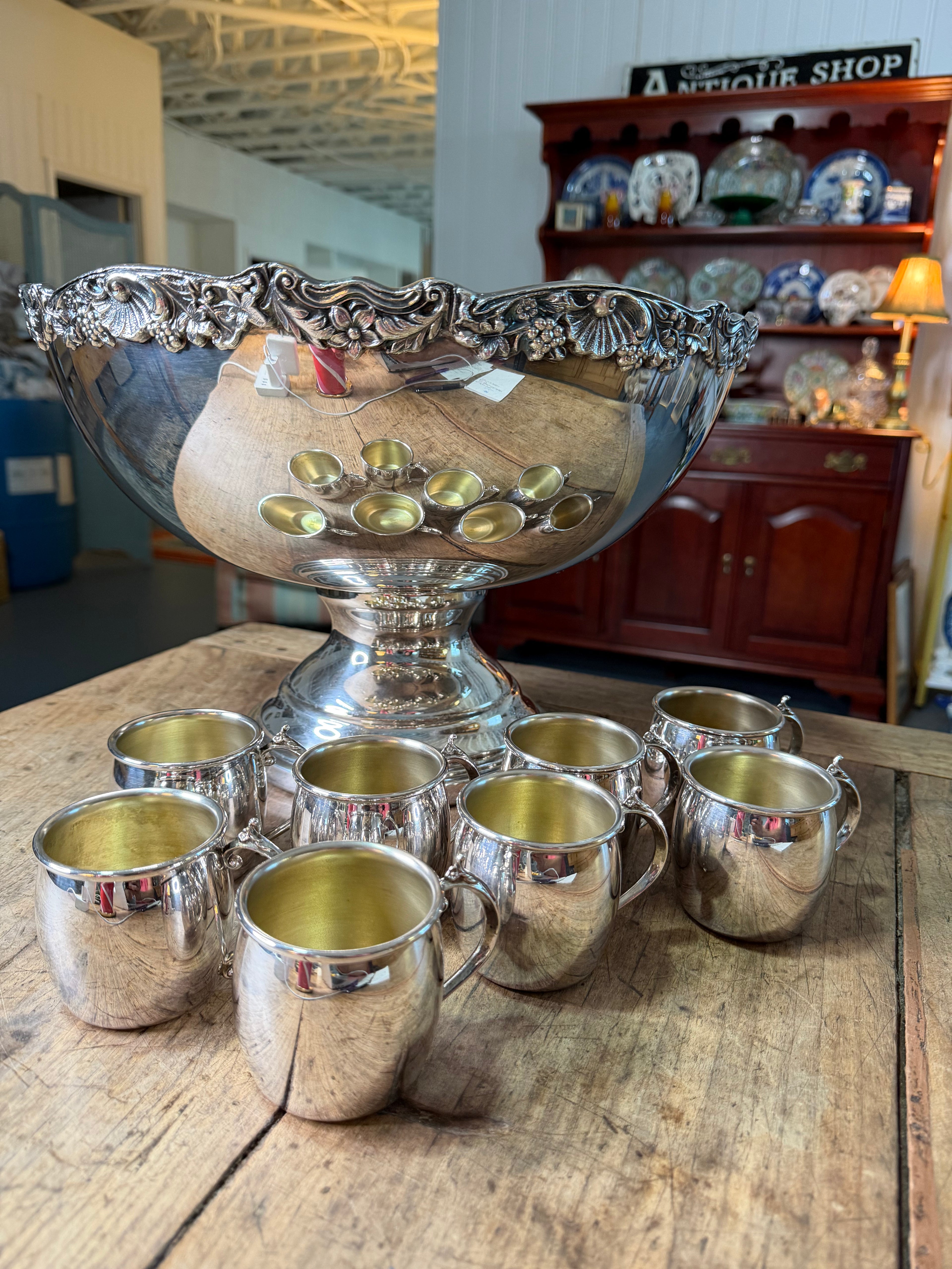 Towle Margaux Silver-Plated Pedestal Punch Bowl with Eight Cups