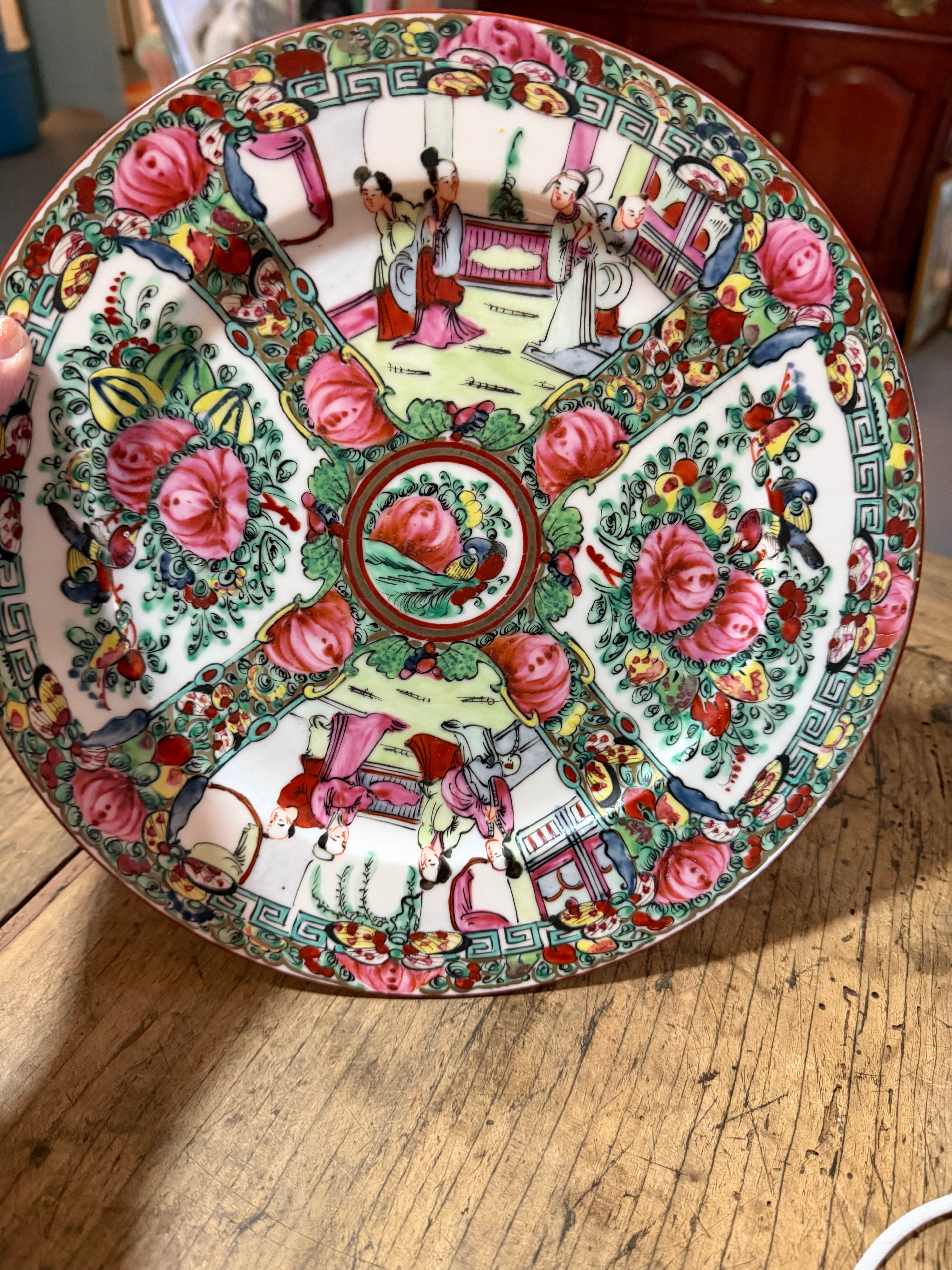 Vintage Rose Medallion Plate with Deep Pink Peonies — 10½ Inches