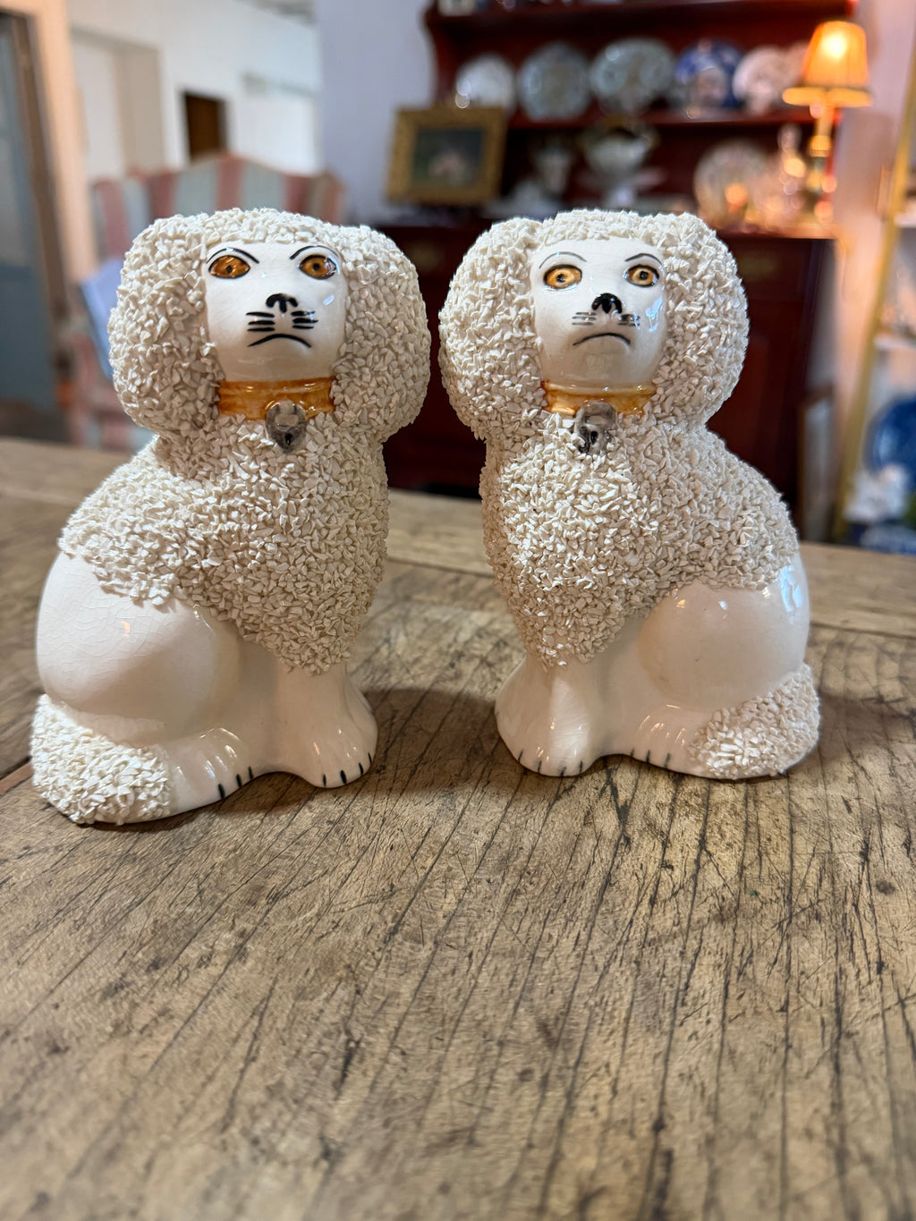 Mid-Century English Staffordshire-Style Spaghettiware Poodles, Pair — 4¾ Inches Tall