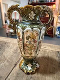 Antique French Majolica Two-Handled Decorative Vase with Ornate Scrollwork in Olive Green