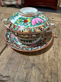 Vintage Thousand Butterflies Bouillon Bowl with Lid and Underplate – Three-Piece Blue and White Porcelain Set