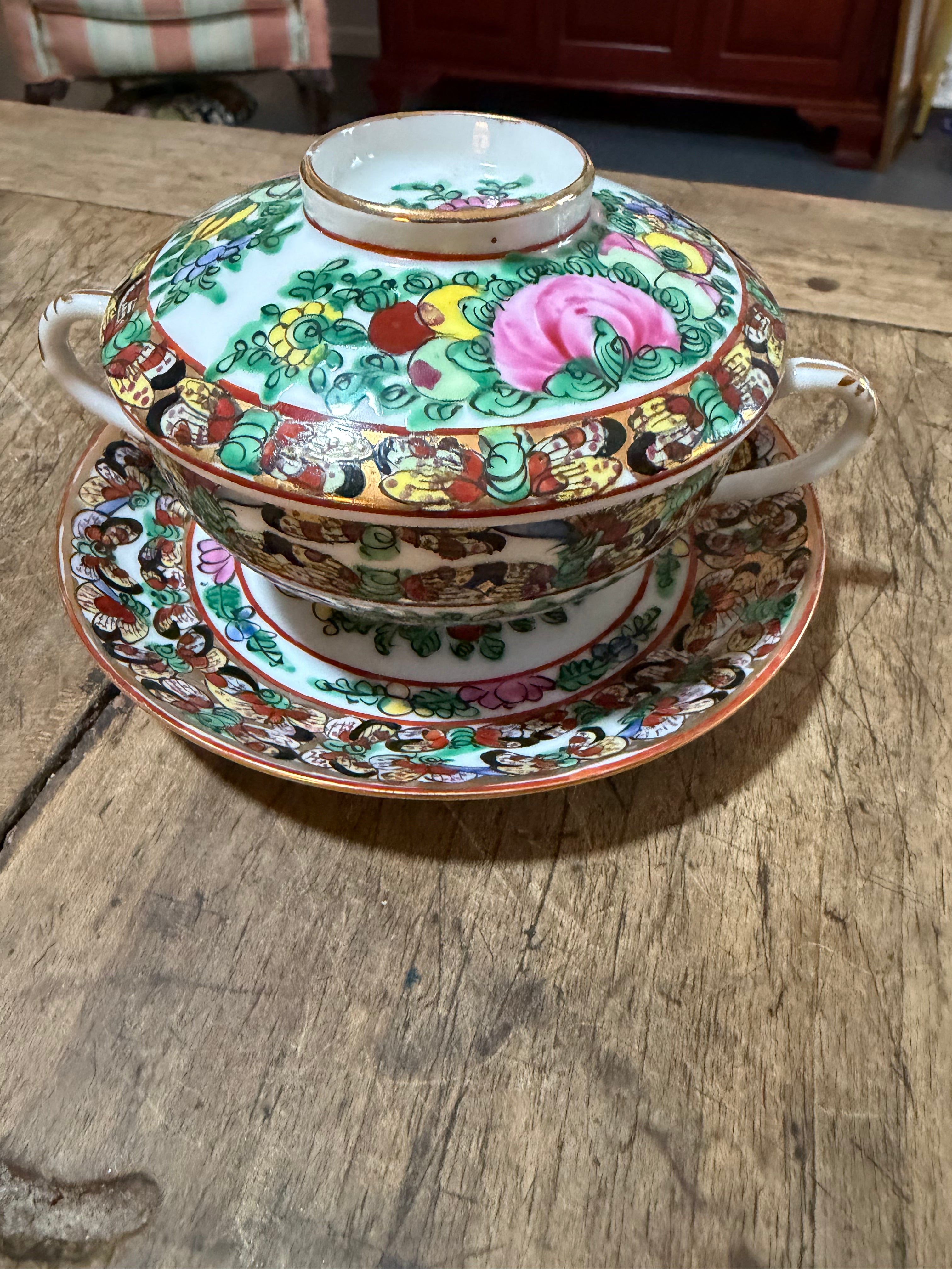 Vintage Thousand Butterflies Bouillon Bowl with Lid and Underplate – Three-Piece Blue and White Porcelain Set