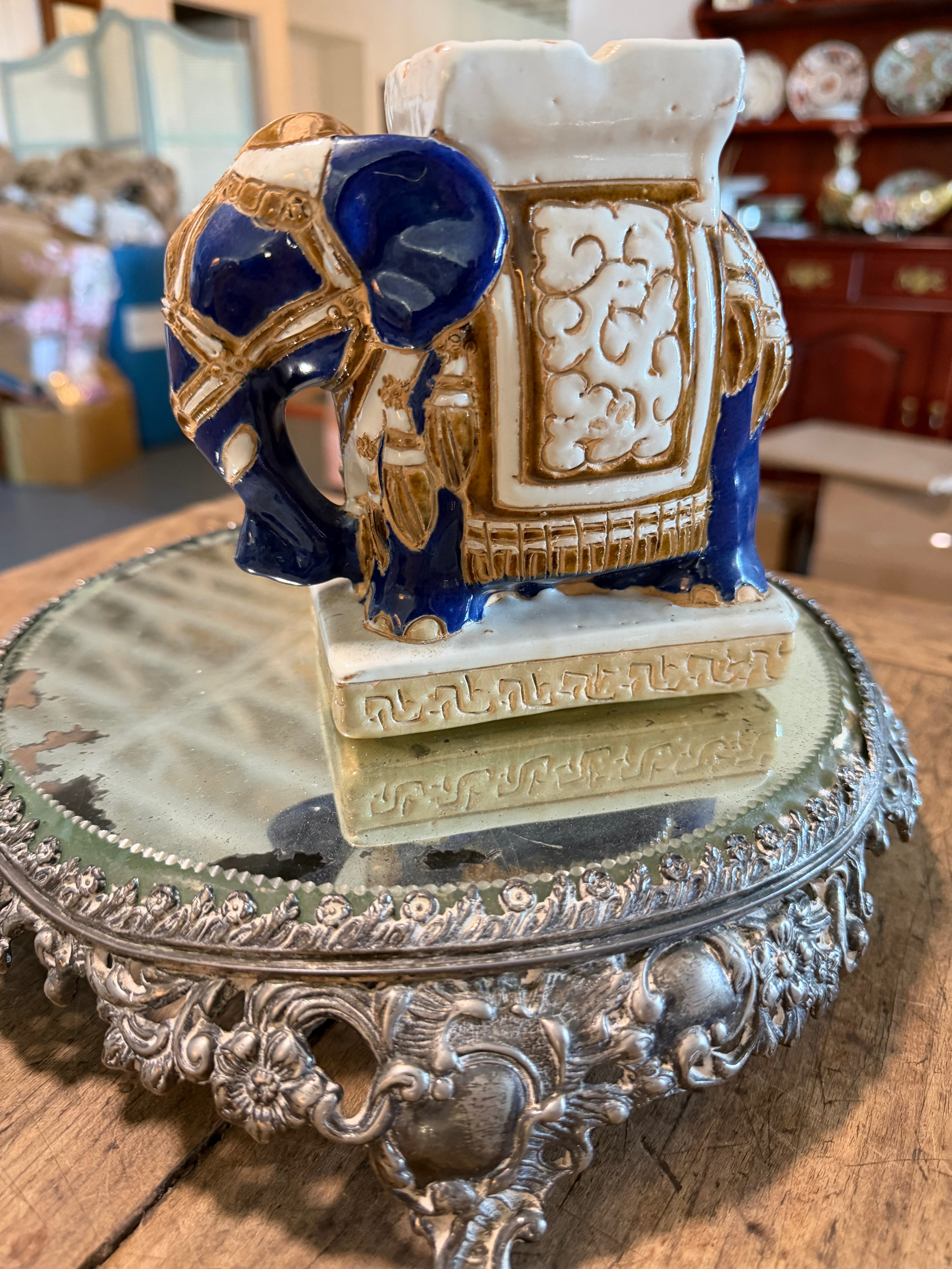 Vintage Cobalt Blue & Gold Ceramic Elephant Holder