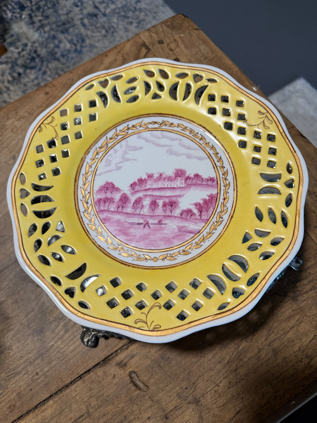 Chinese Yellow Ground Reticulated Cabinet Plate with Pink Landscape — 10.25″