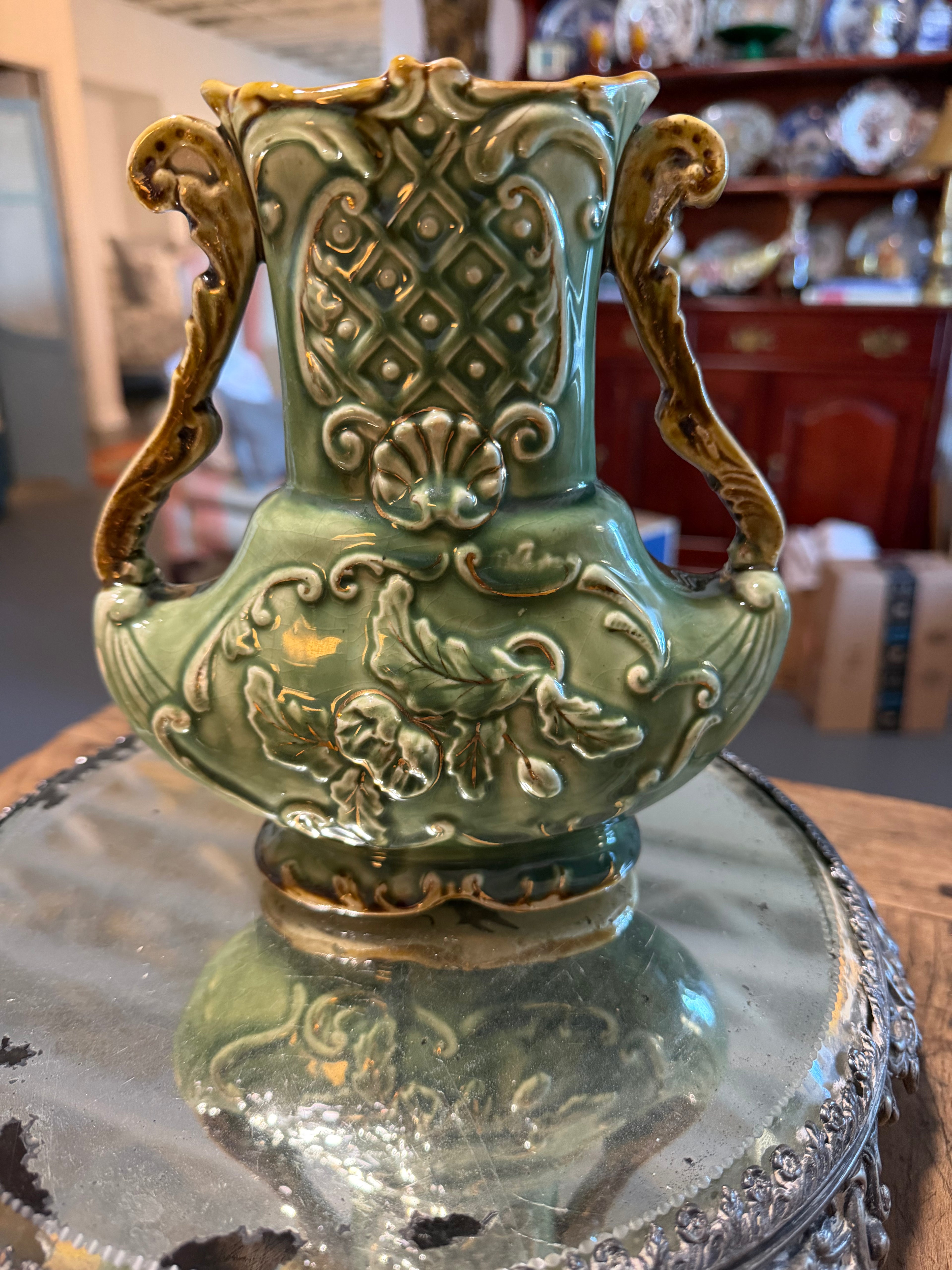 Light Green Majolica Reticulated Vase with Floral Motifs — 7.5″