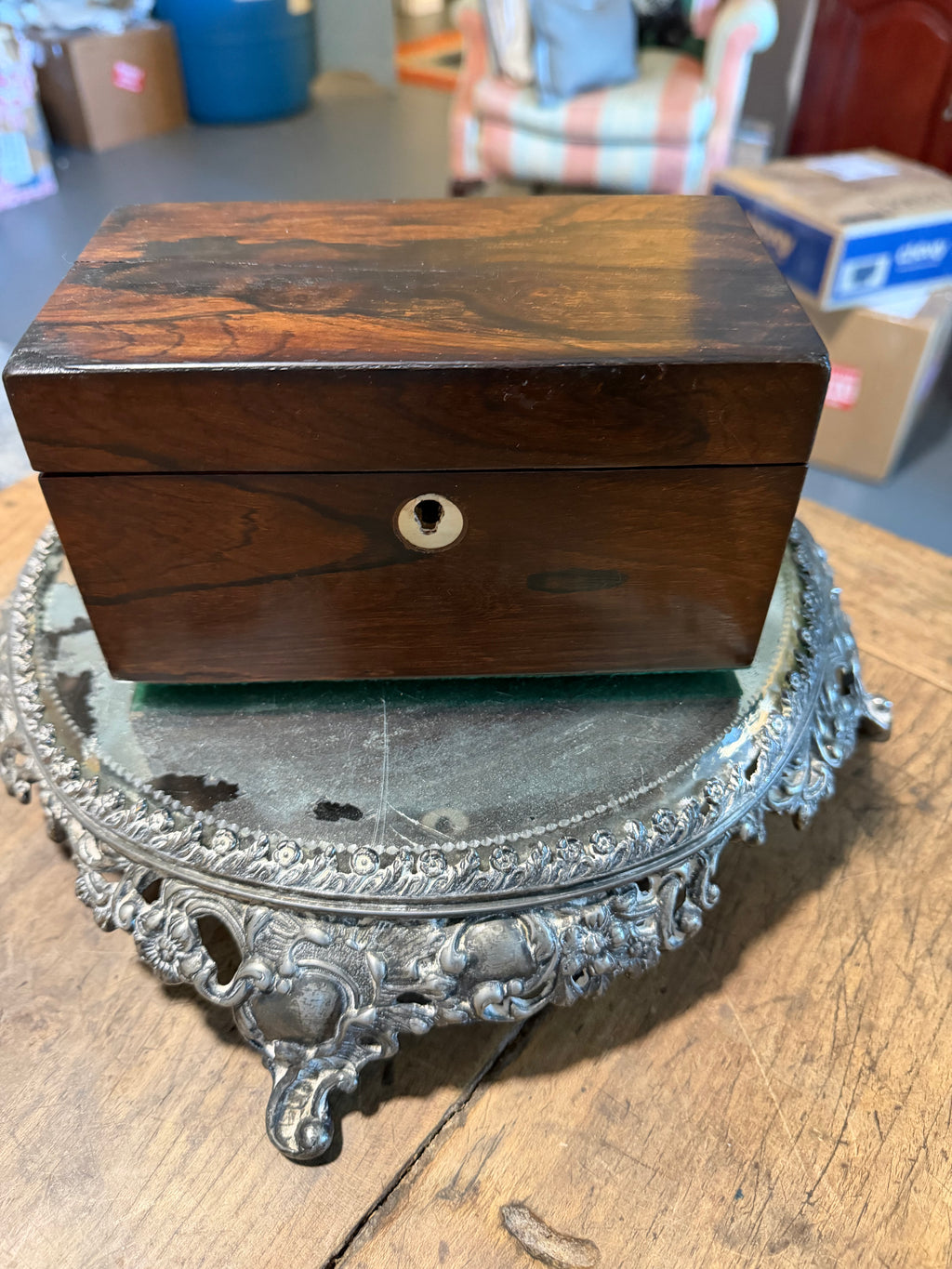 Antique Victorian Rosewood Miniature Tea Caddy with Dual Lidded Canisters — Circa 1850–1880