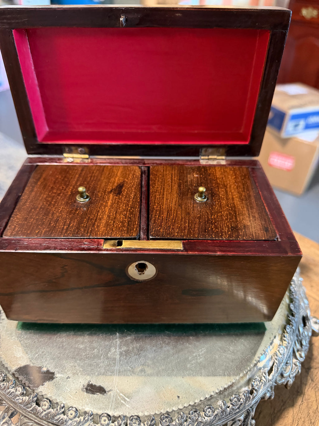 Antique Victorian Rosewood Miniature Tea Caddy with Dual Lidded Canisters — Circa 1850–1880