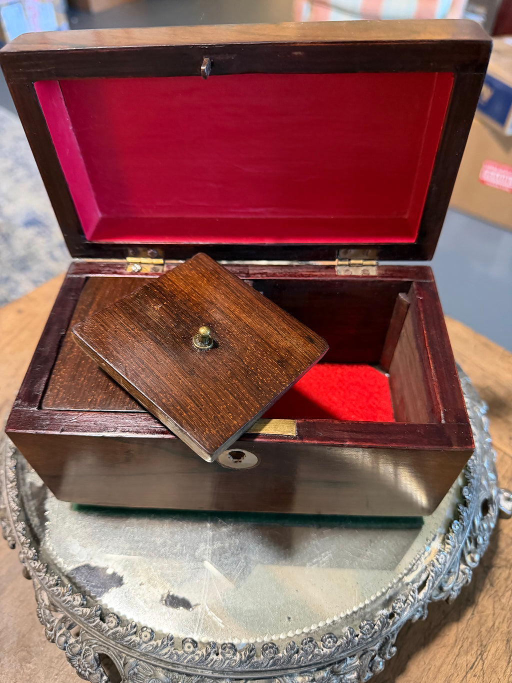 Antique Victorian Rosewood Miniature Tea Caddy with Dual Lidded Canisters — Circa 1850–1880