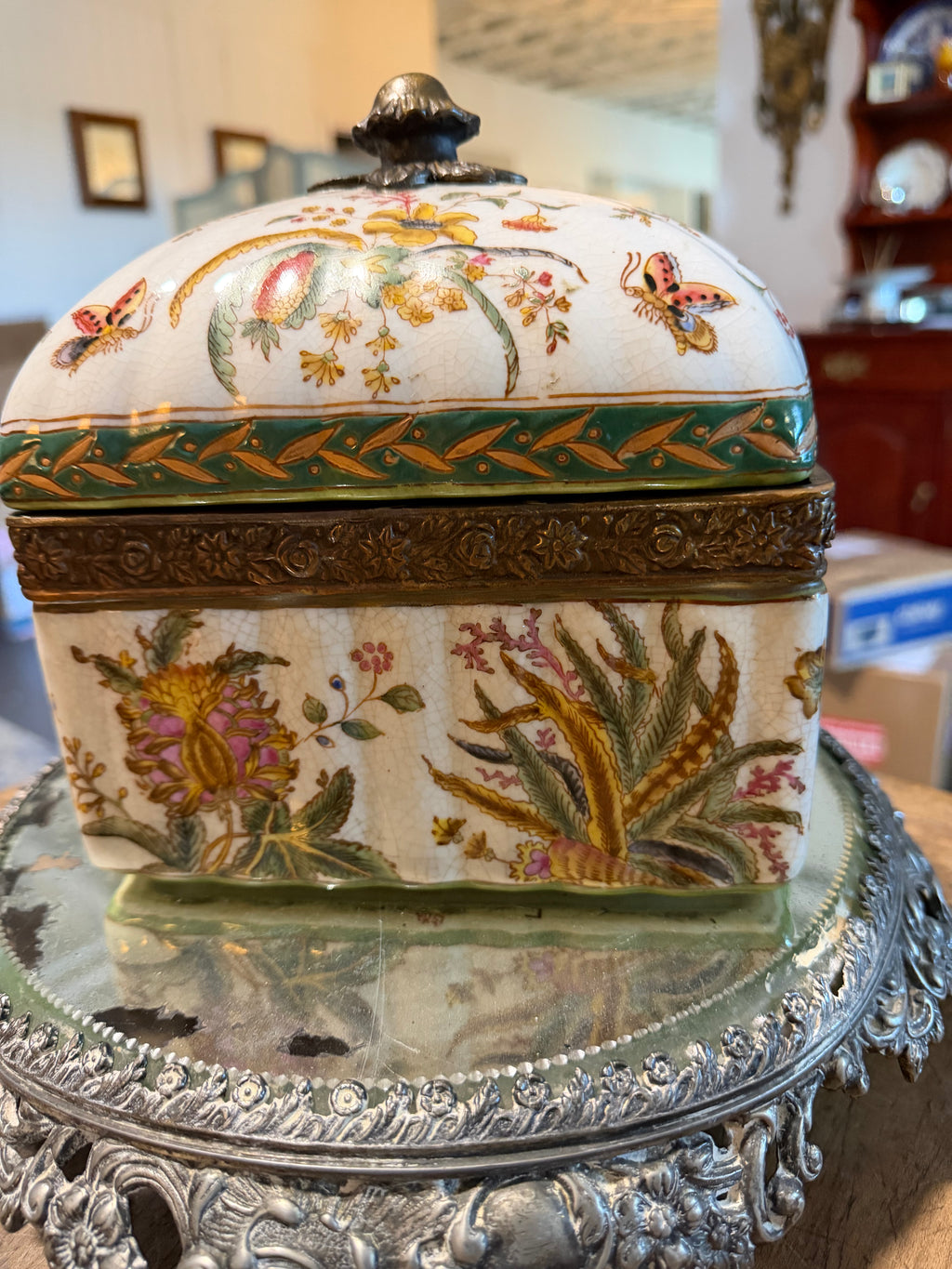 Vintage Wong Lee WL 1895 Botanical Porcelain Box with Metal Mounts — 8″ Tall