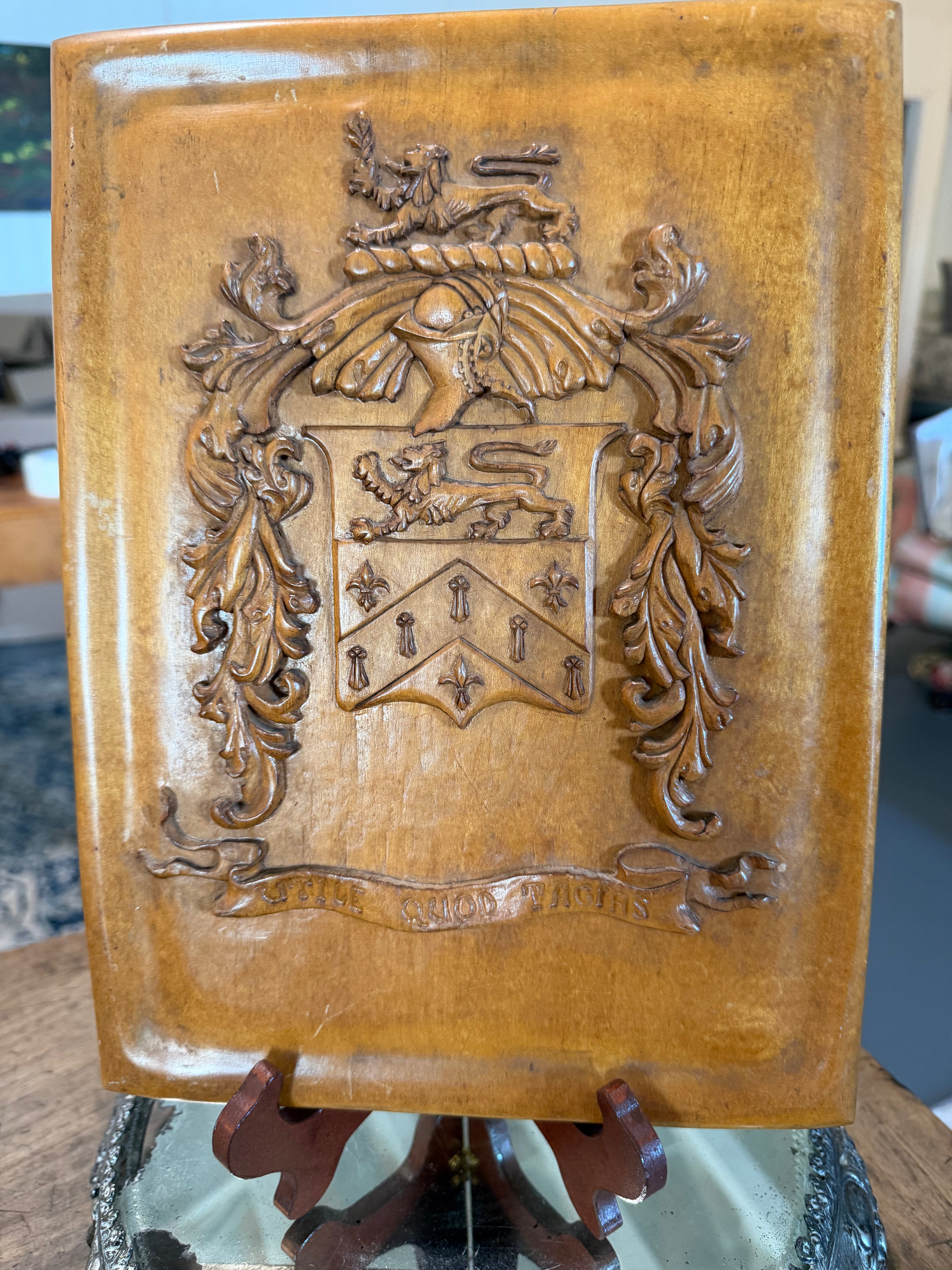 Antique Carved Wood Armorial Heraldic Crest Plaque