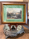 19th-Century European Hand-Colored Village Engraving in Green Velvet Mat and Wood Frame