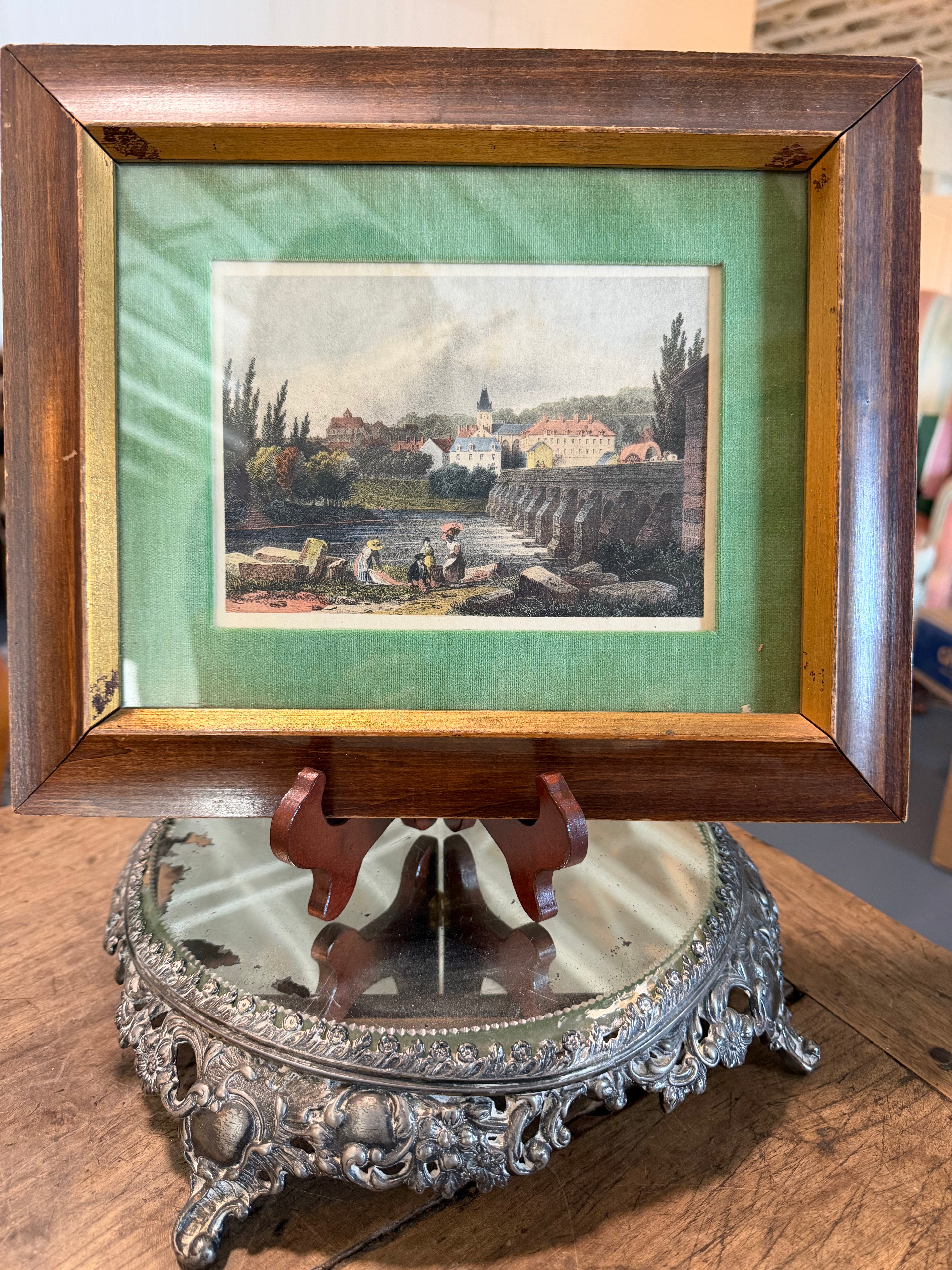 19th-Century European Hand-Colored Village Engraving in Green Velvet Mat and Wood Frame