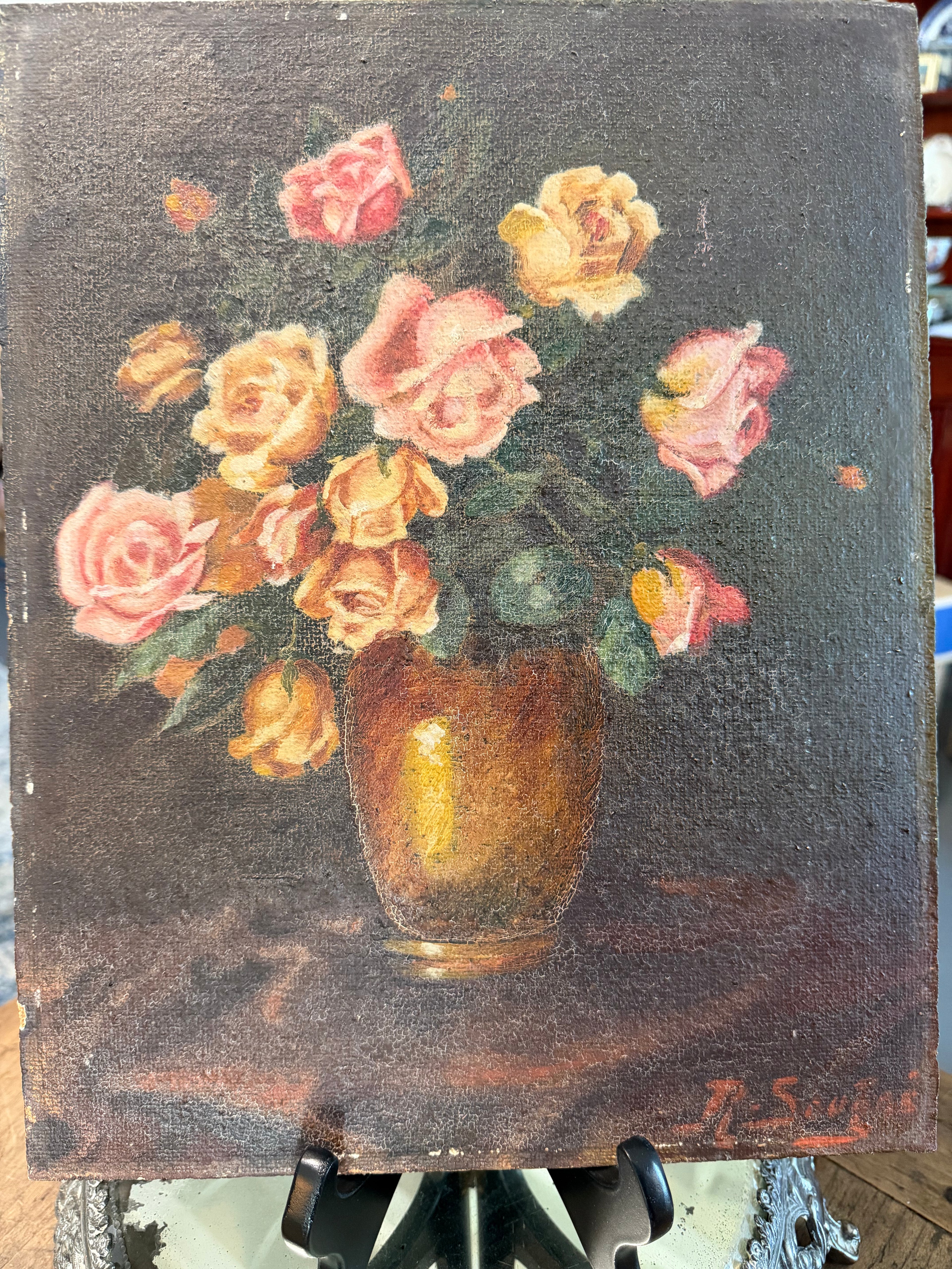 1943 French Still Life Oil Painting of Roses, Signed D. Soulas, with Inscription
