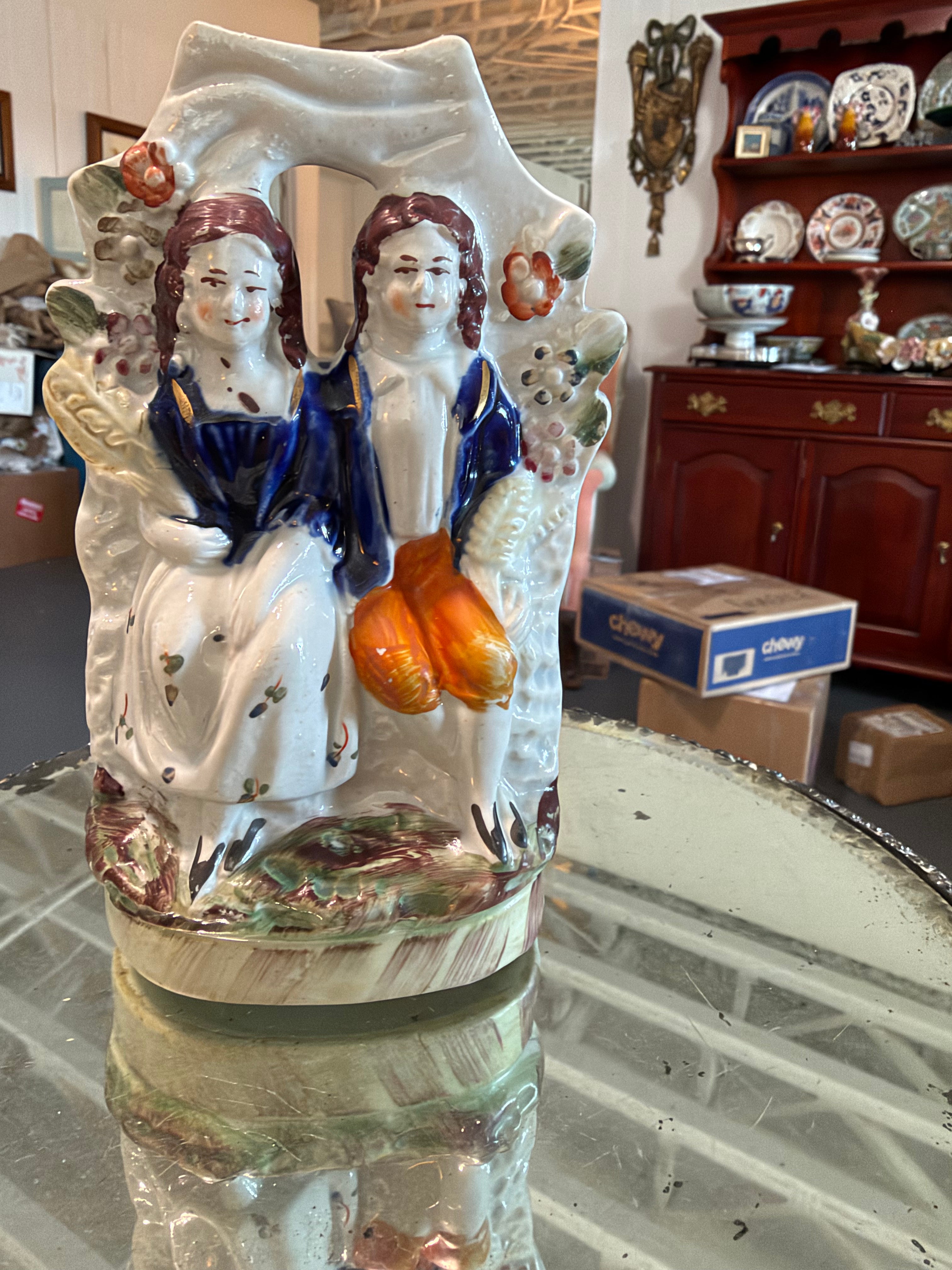 Antique Victorian Staffordshire Courting Couple Figurine with Floral Arbor