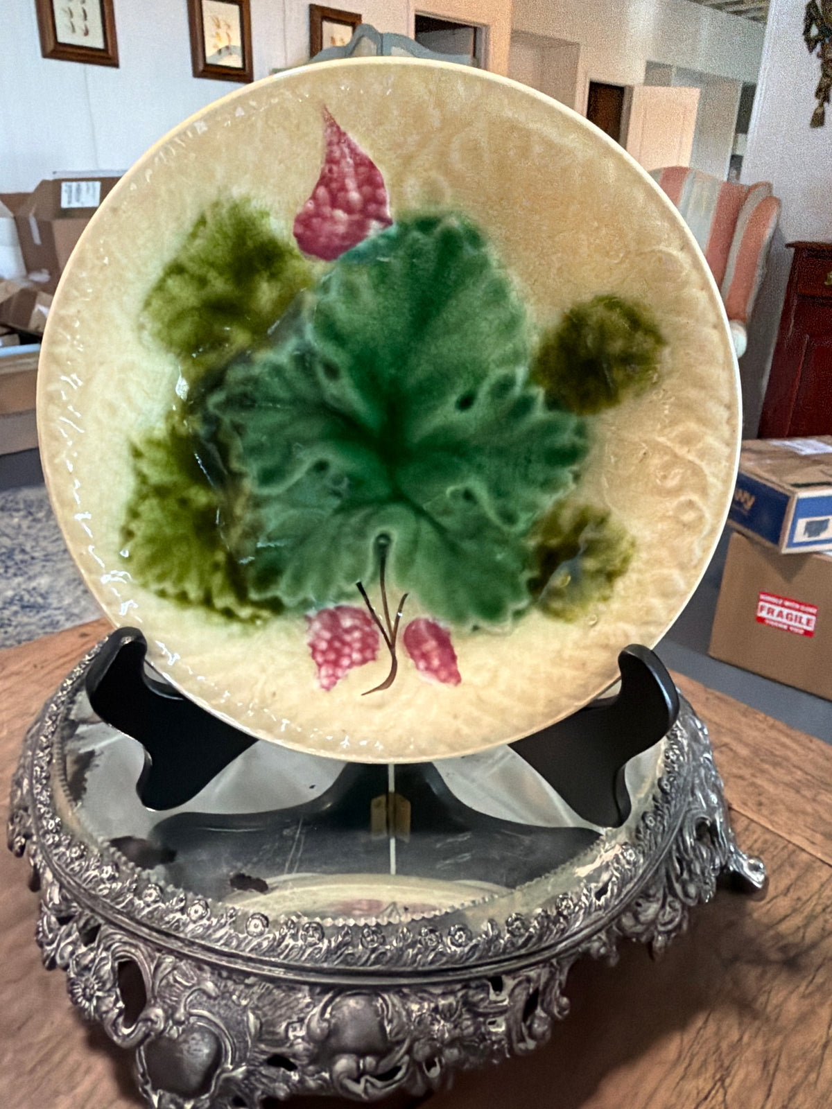 Antique Victorian Majolica Strawberry and Leaf Basket Weave Plate — 8 Inches