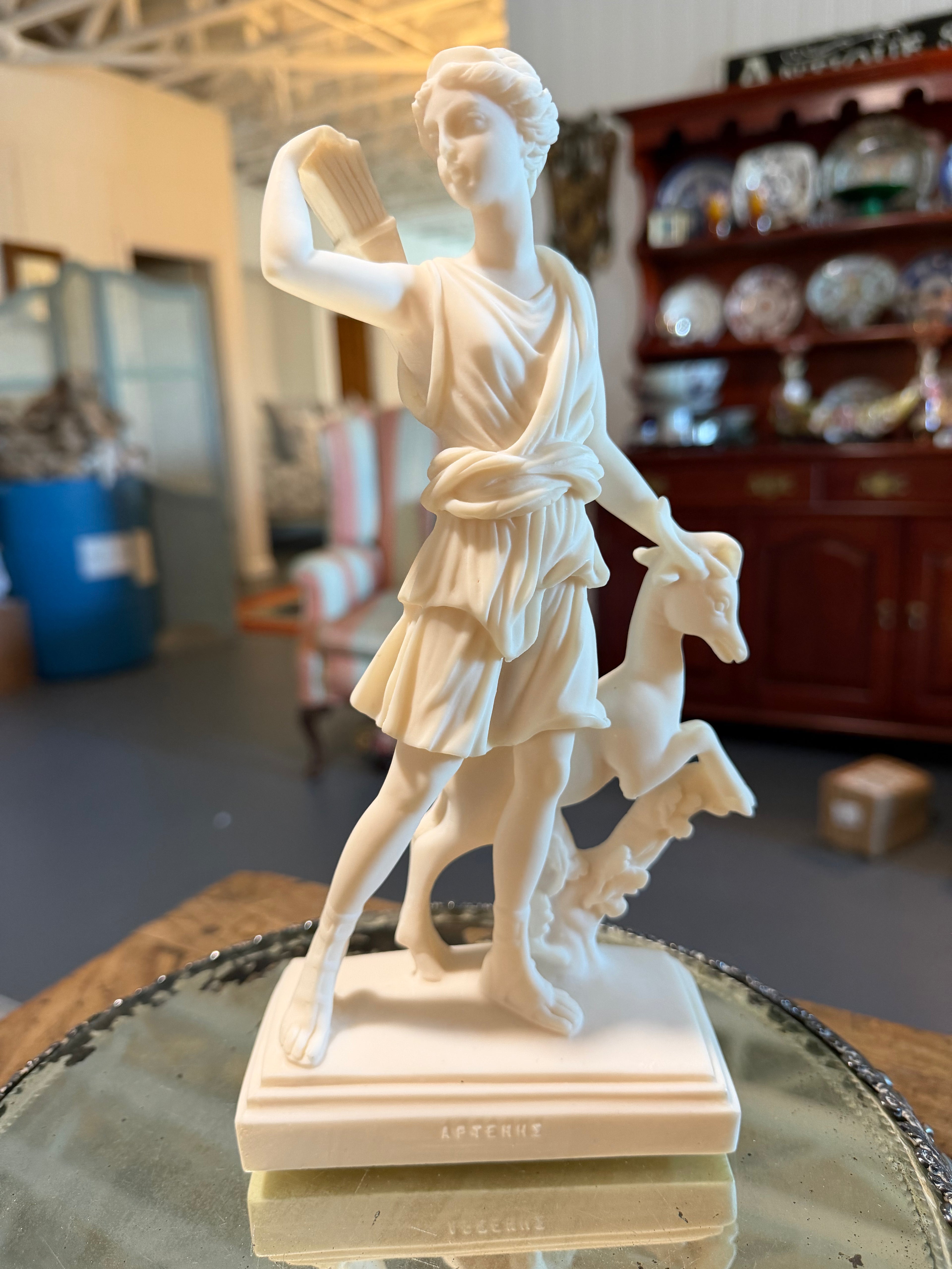 Vintage Greek Cast Alabaster Artemis and Deer Sculpture by G. I. Kay — 10 Inches Tall