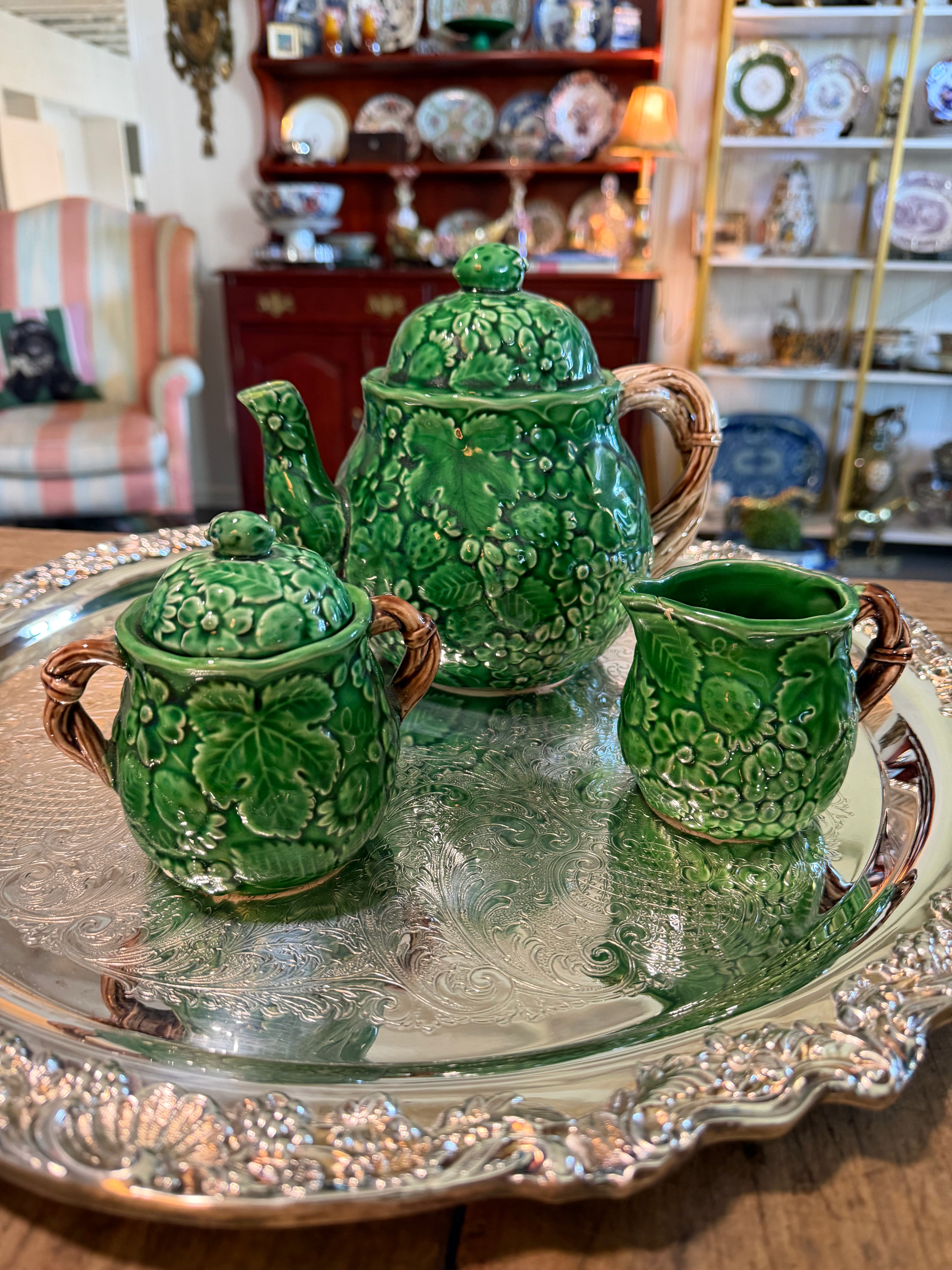 Vintage 1983 Bordallo Pinheiro Green Strawberry Majolica Three-Piece Tea Set