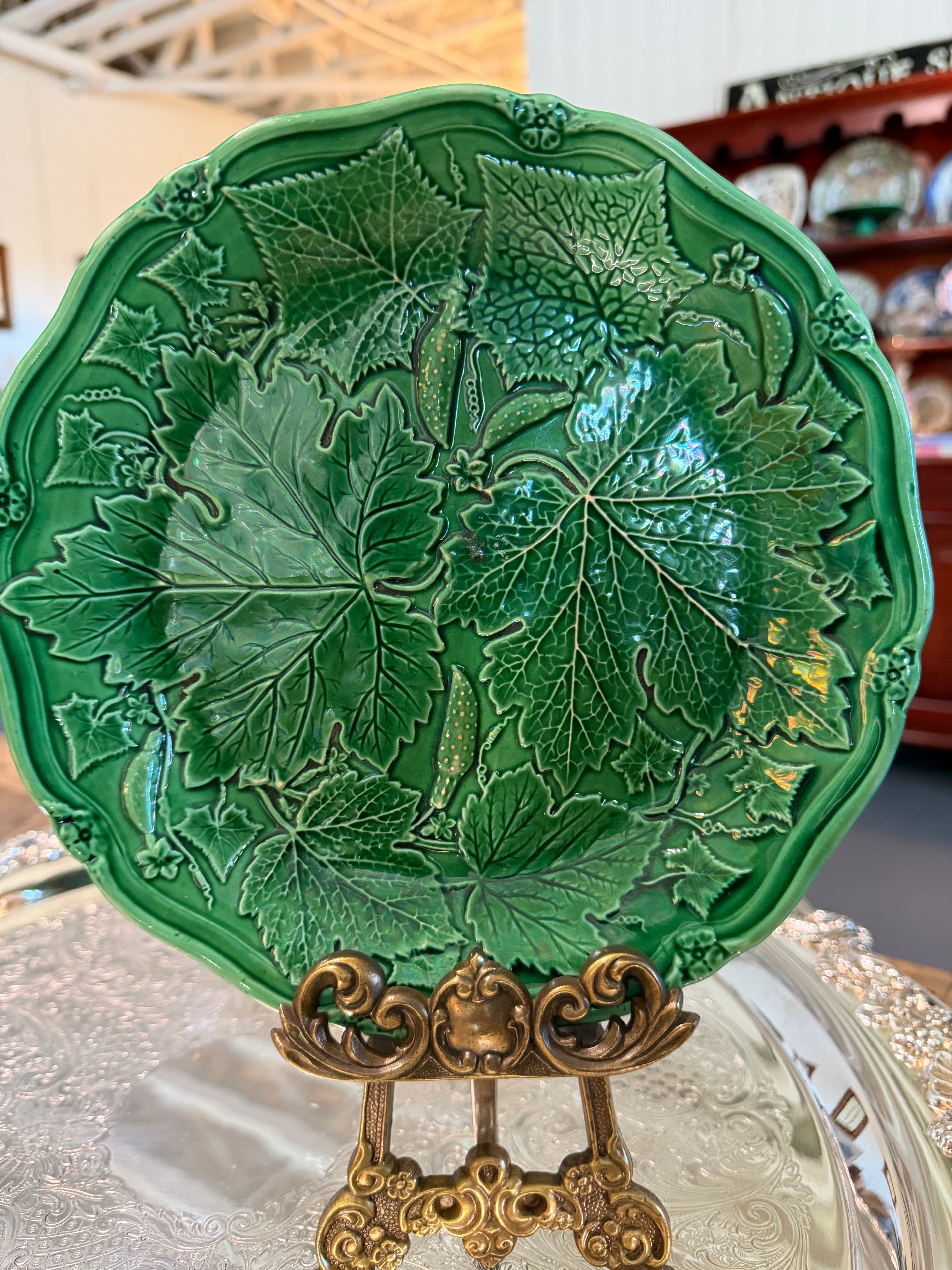 Antique Victorian Green Majolica Cucumber Vine Plate — 8.5”