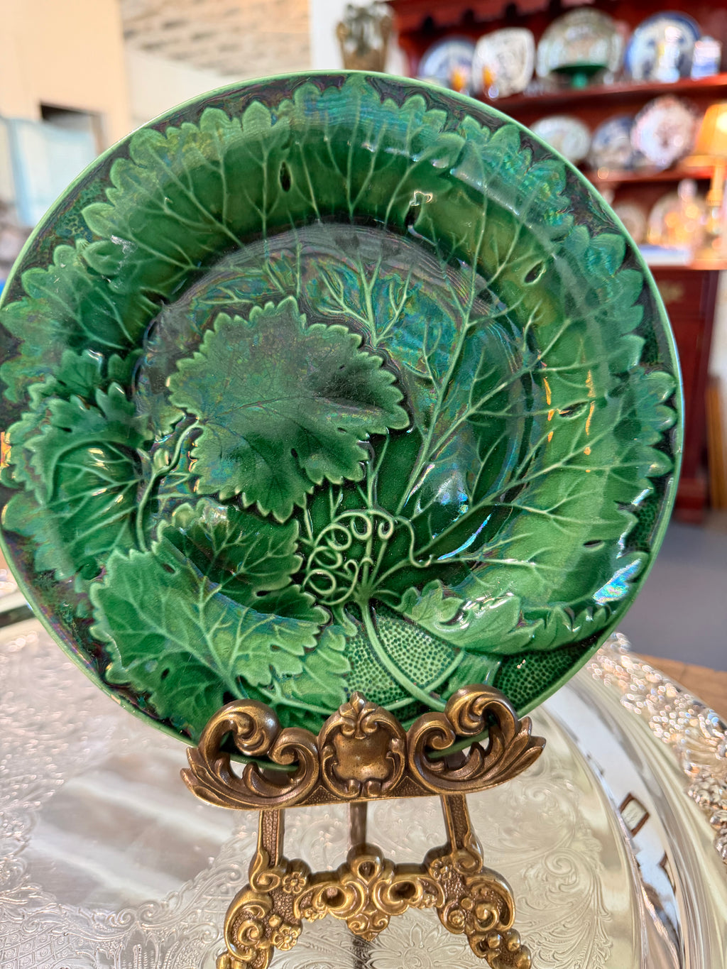 Antique Victorian Green Majolica Grapevine and Leaf Plate — 7.5”