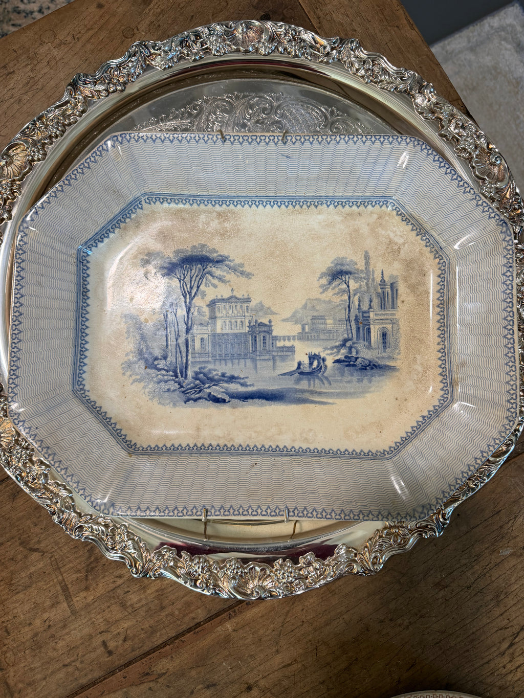 Antique Victorian Blue Transferware Octagonal Platter — Italianate Landscape, 15” × 11.5”
