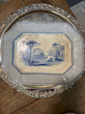 Antique Victorian Blue Transferware Octagonal Platter — Italianate Landscape, 15” × 11.5”