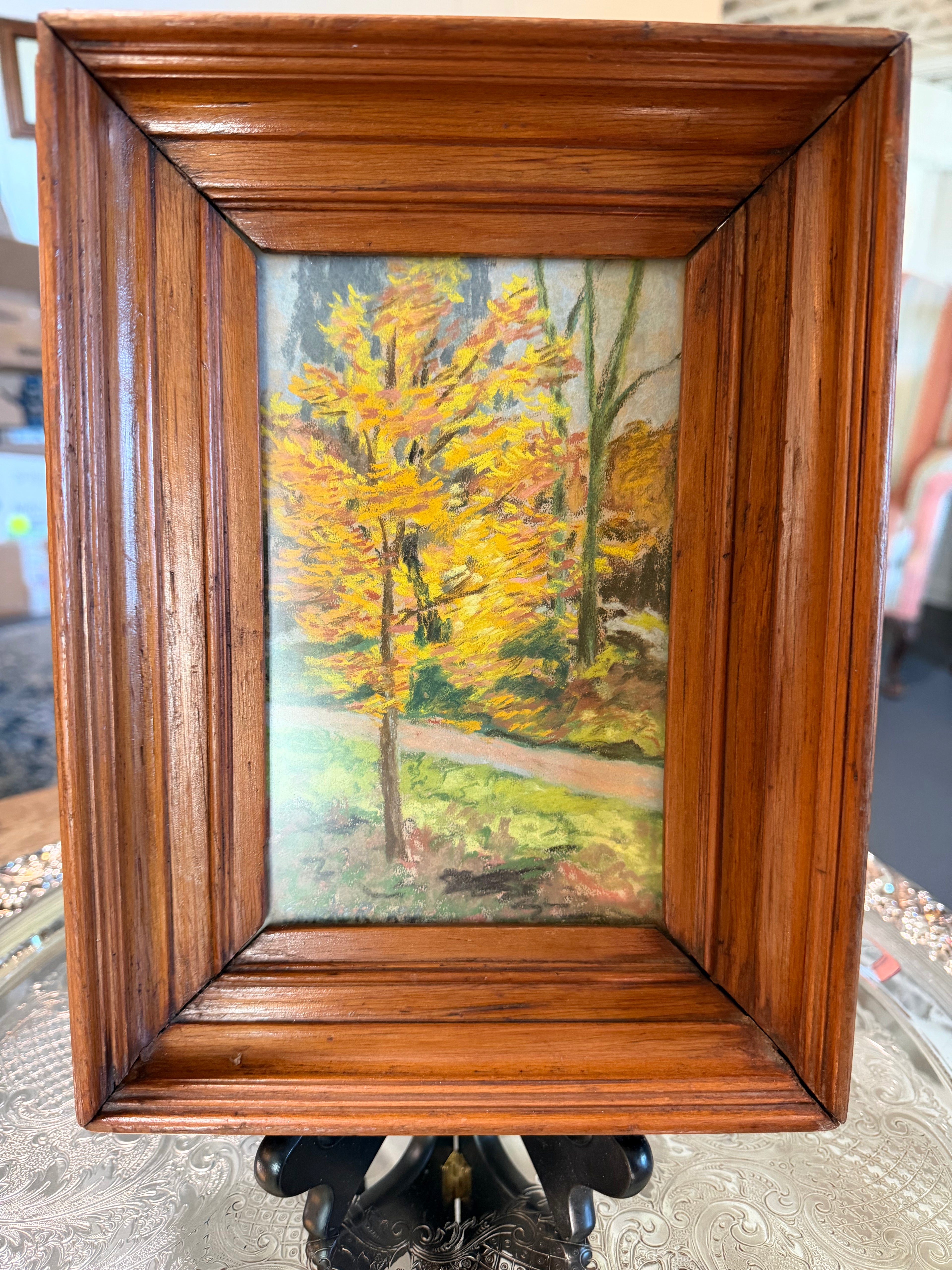 Original 1956 Autumn Landscape Pastel by Barker — Framed